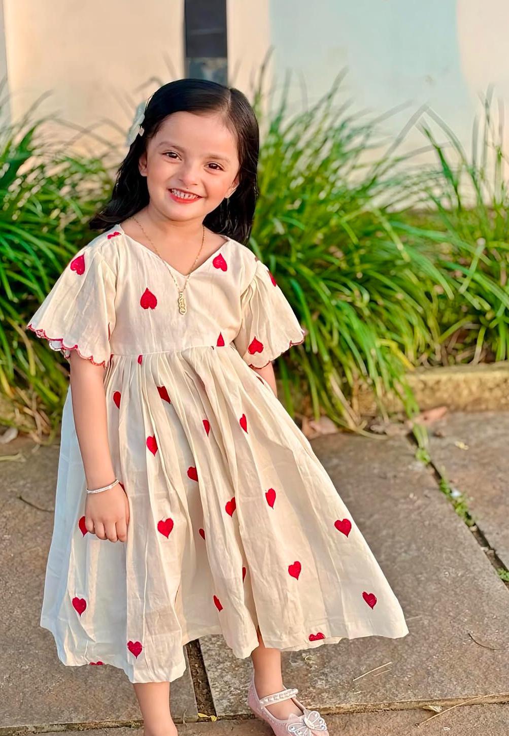 Luxury Khadi Cotton Heart Embroidery Fancy Border Kids Frock