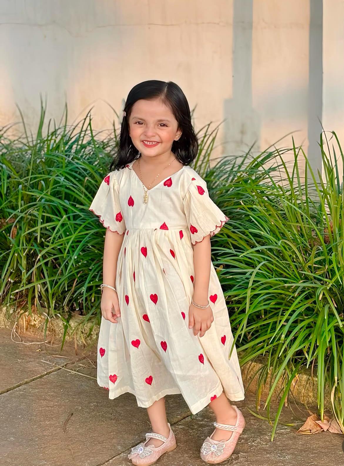 Luxury Khadi Cotton Heart Embroidery Fancy Border Kids Frock