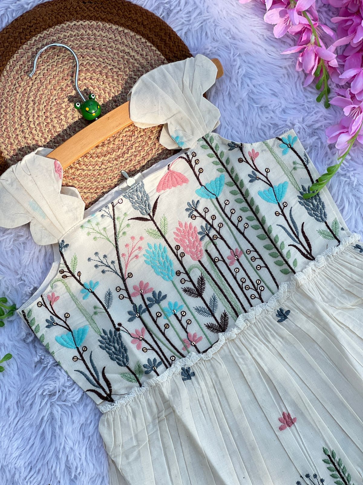 Flamingo Butti Embroidery Work on Khadi Cotton Fabric Kids Frock