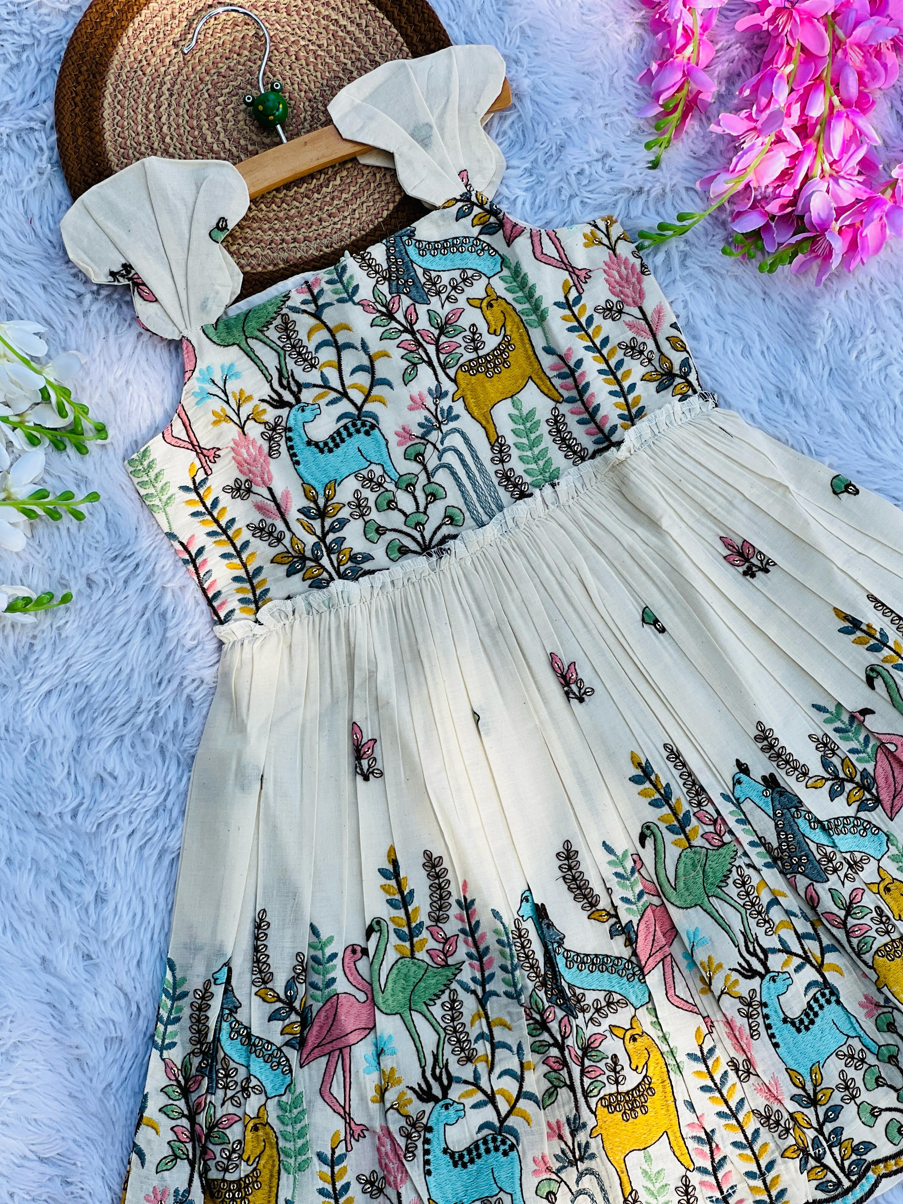 Magestic Heavy Zoo Embroidery Work on Khadi Cotton Fabric Kids Frock