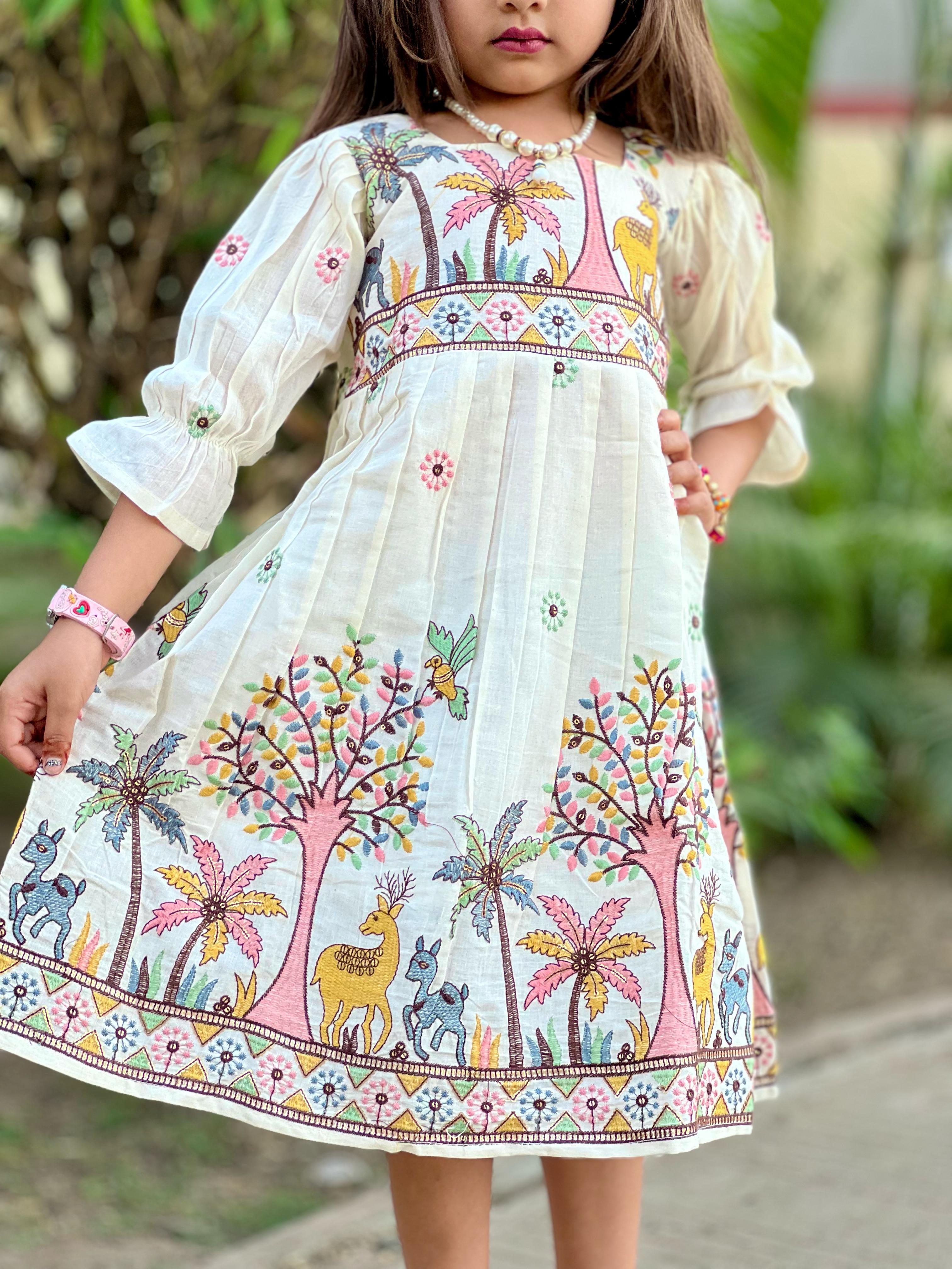 Magestic  Embroidery Work on Khadi Cotton Fabric Kids Sleeve Frock