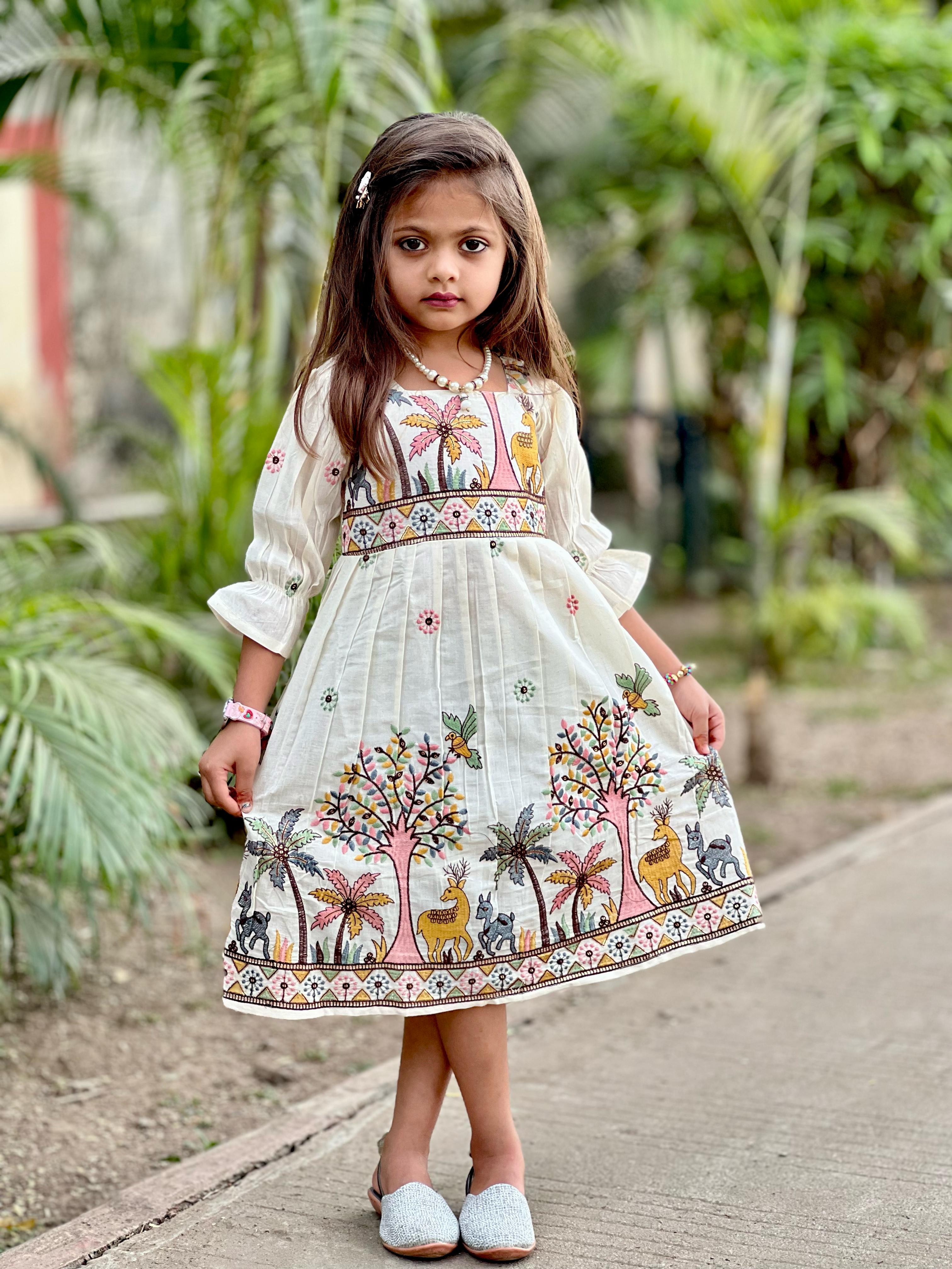 Magestic  Embroidery Work on Khadi Cotton Fabric Kids Sleeve Frock