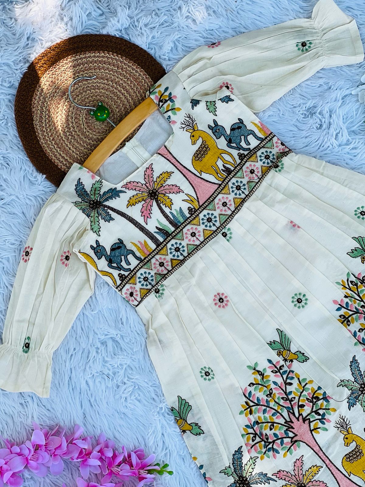 Magestic  Embroidery Work on Khadi Cotton Fabric Kids Sleeve Frock