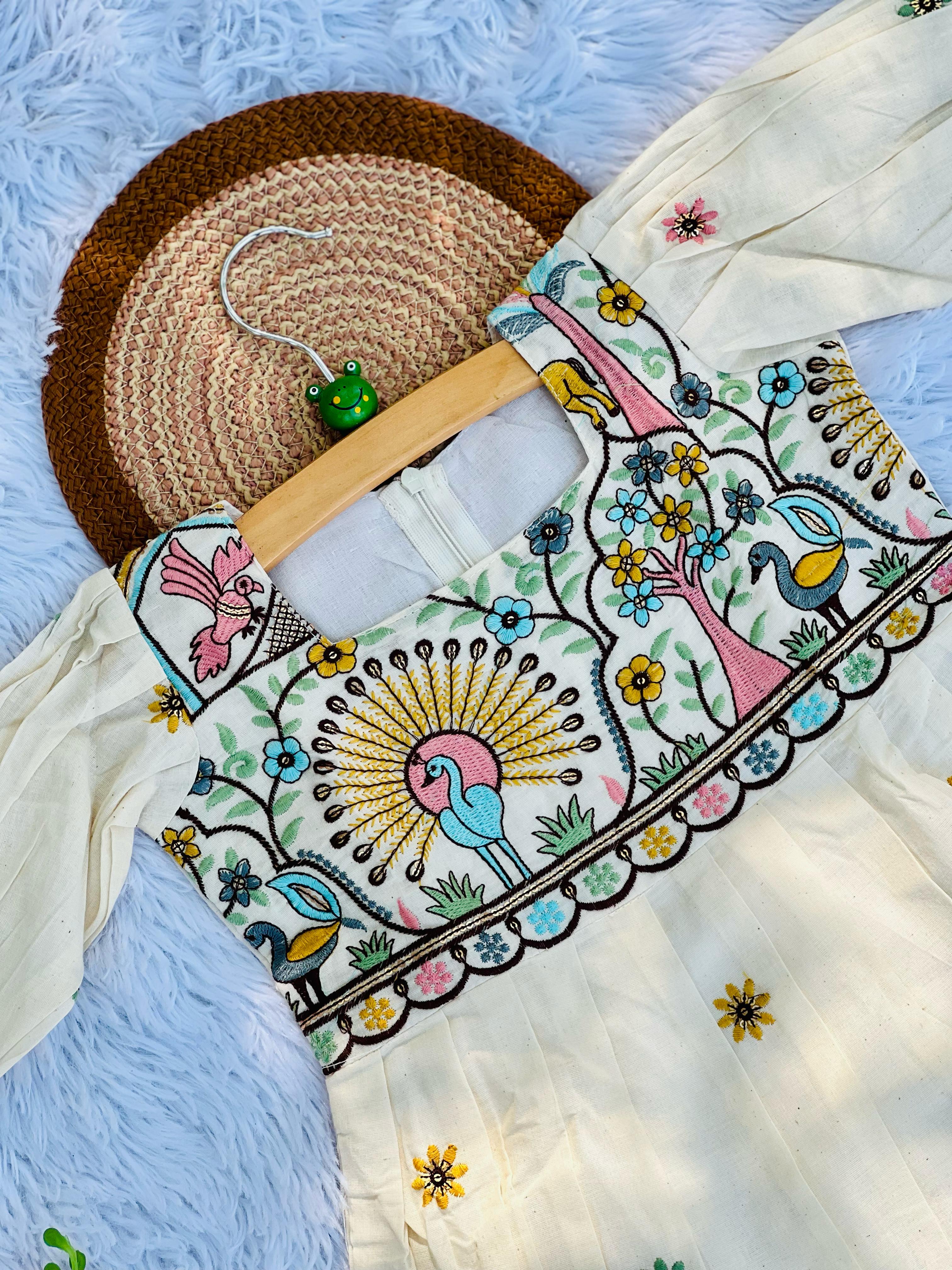 Magestic Embroidery Work on Khadi Cotton Fabric Kids Sleeve Frock
