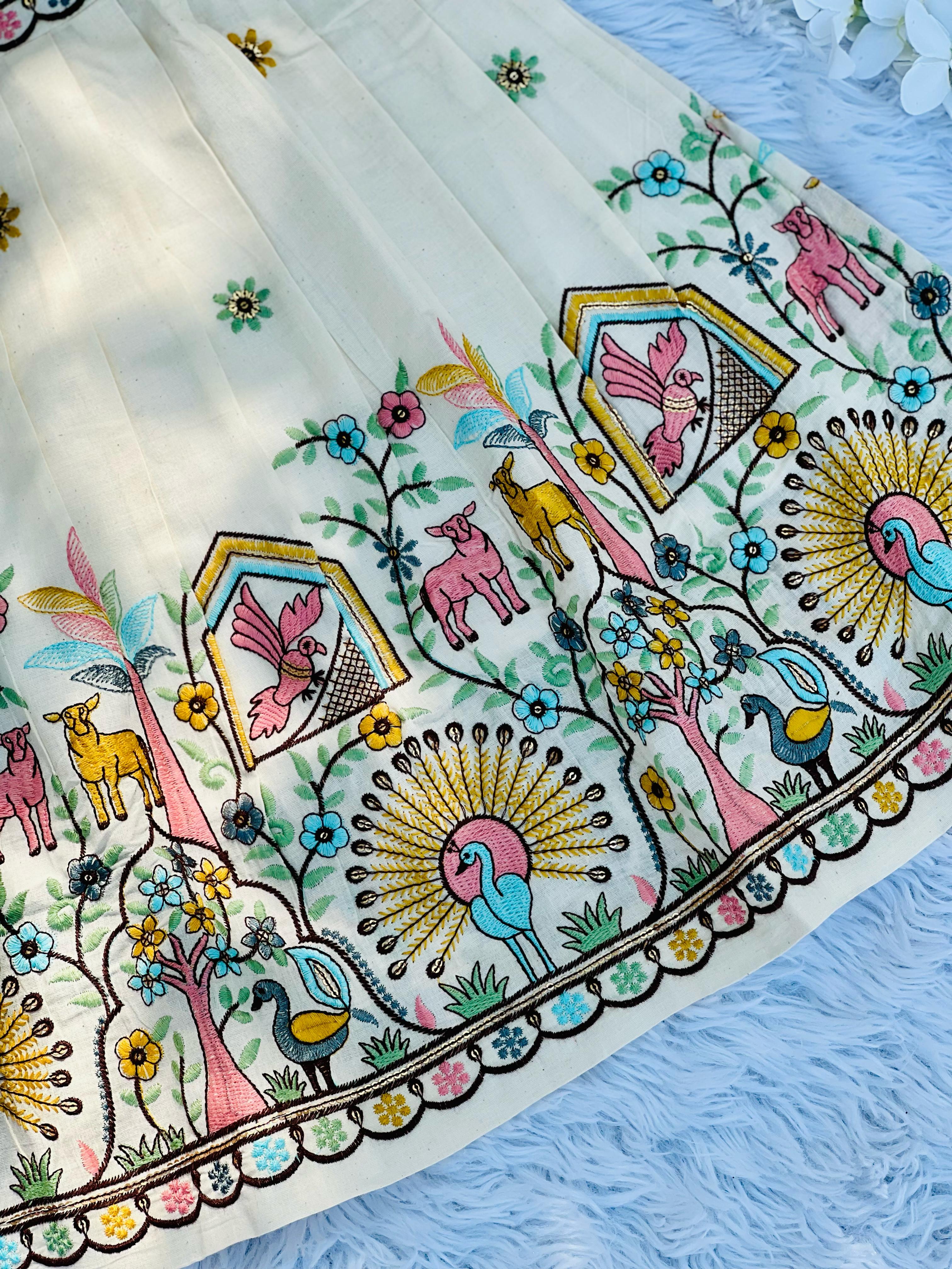 Magestic Embroidery Work on Khadi Cotton Fabric Kids Sleeve Frock