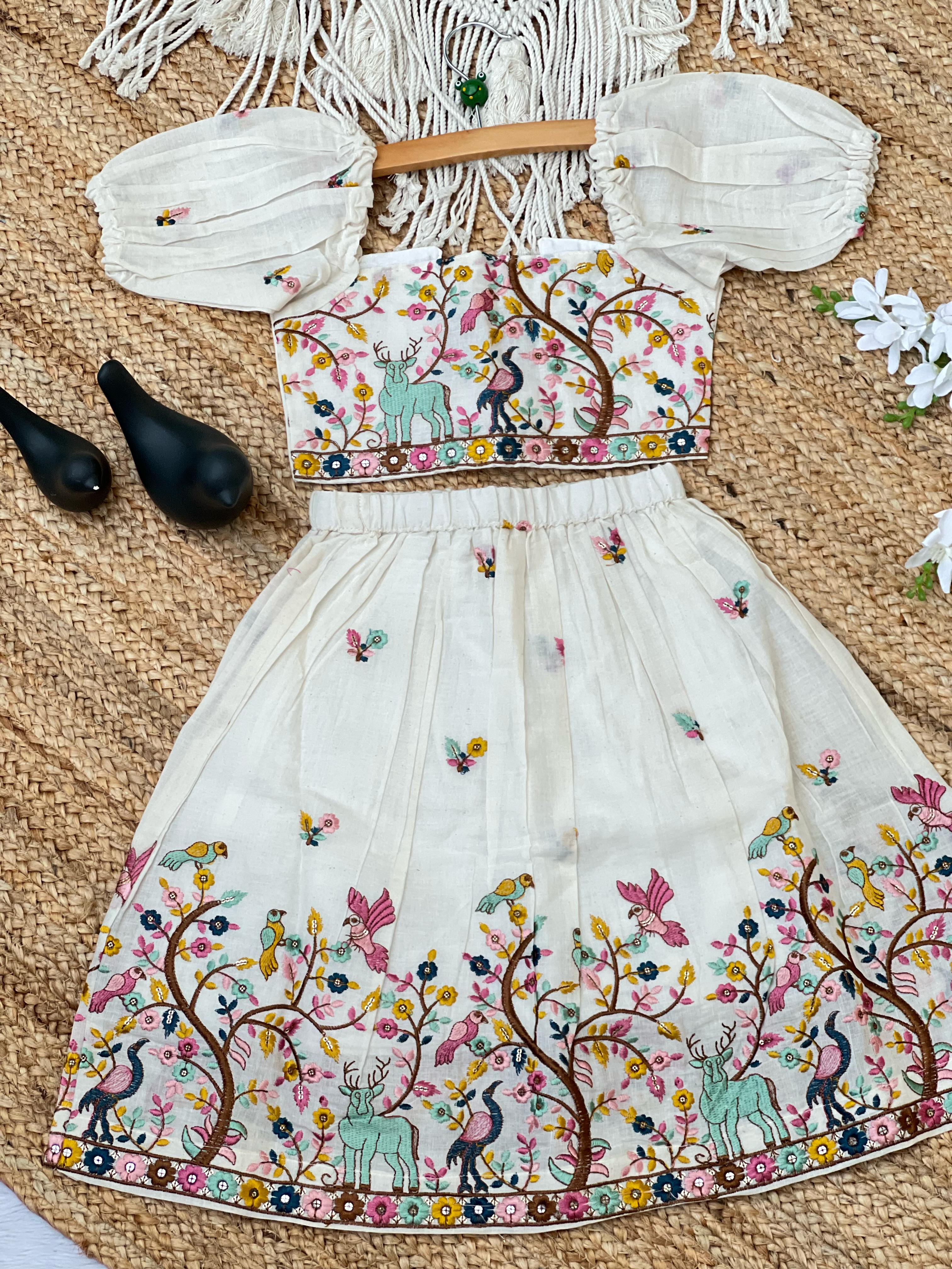 Offwhite Butterfly Work Cura Cotton Lehengha With Top