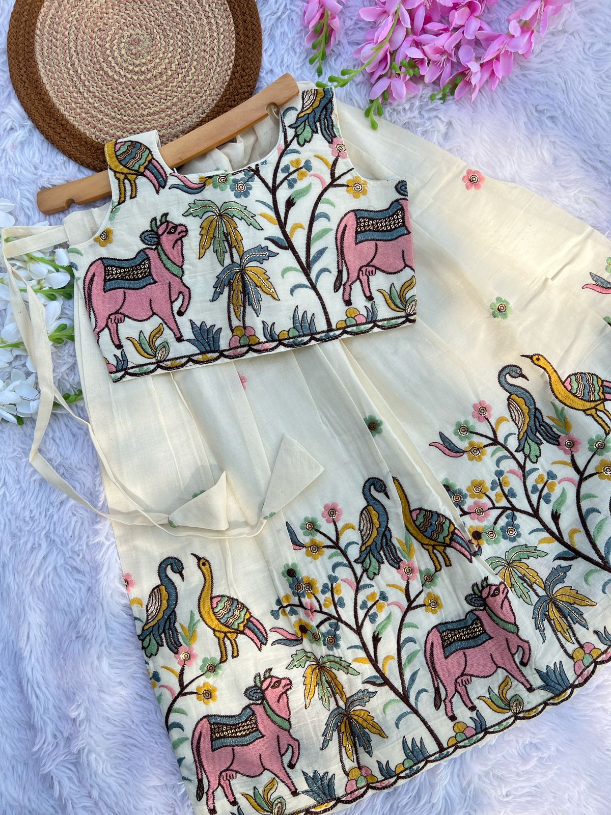 Exquisite Embroidery Work on Khadi Cotton Fabric Kids Lehengha Choli