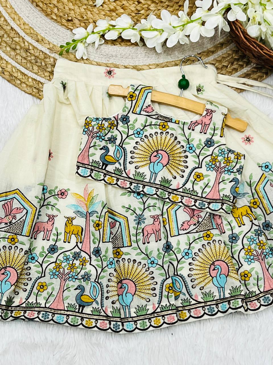 Premium Cotton Silk Elephant work Lhengha with Top for kids