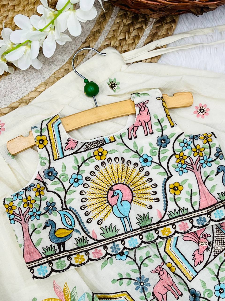 Premium Cotton Silk Elephant work Lhengha with Top for kids