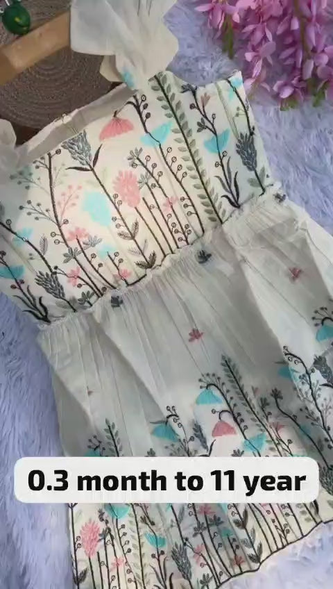 Flamingo Butti Embroidery Work on Khadi Cotton Fabric Kids Frock