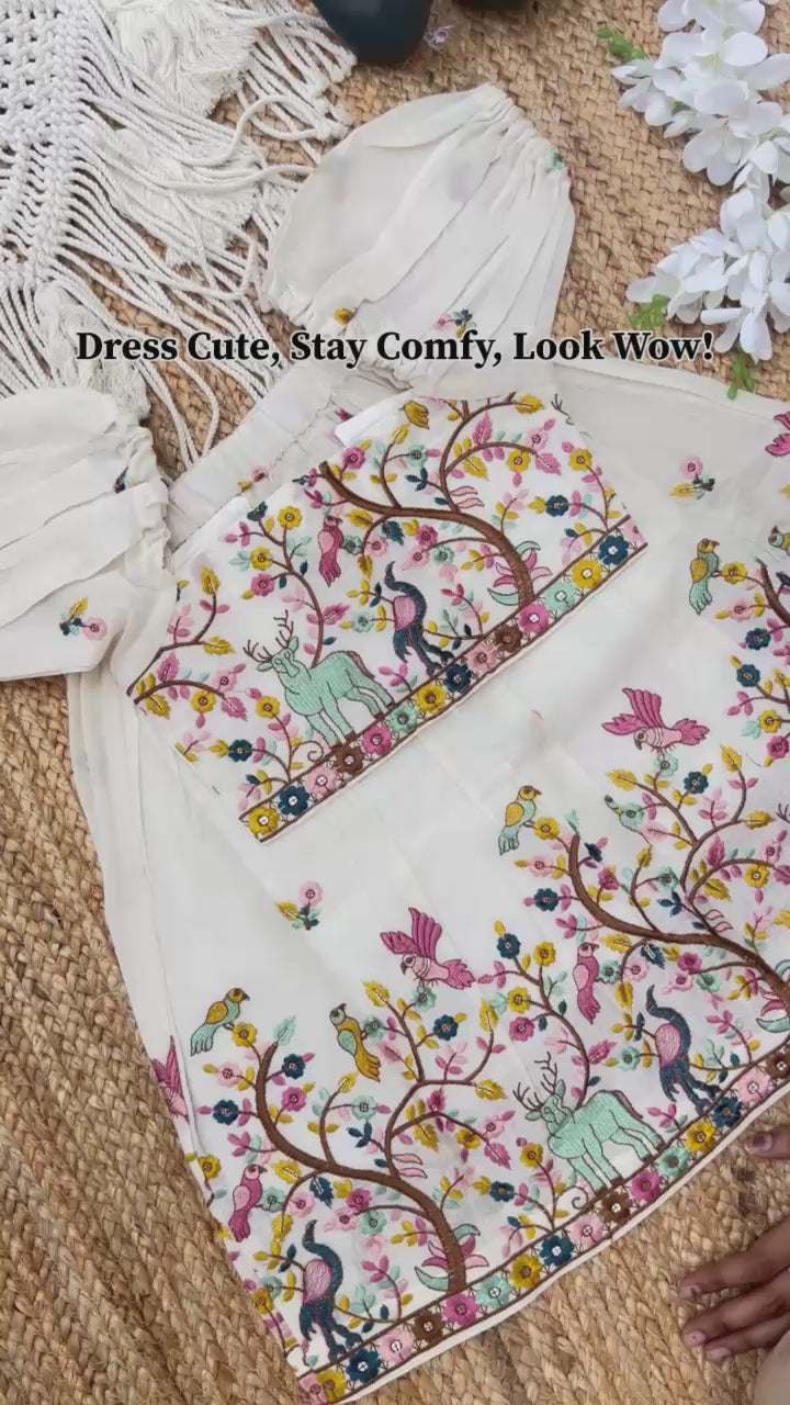 Offwhite Butterfly Work Cura Cotton Lehengha With Top