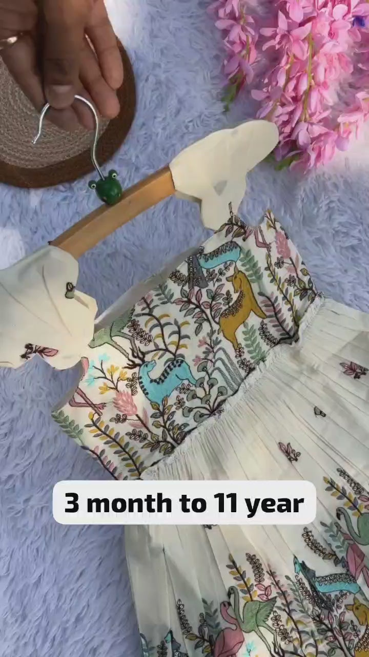 Magestic Heavy Zoo Embroidery Work on Khadi Cotton Fabric Kids Frock