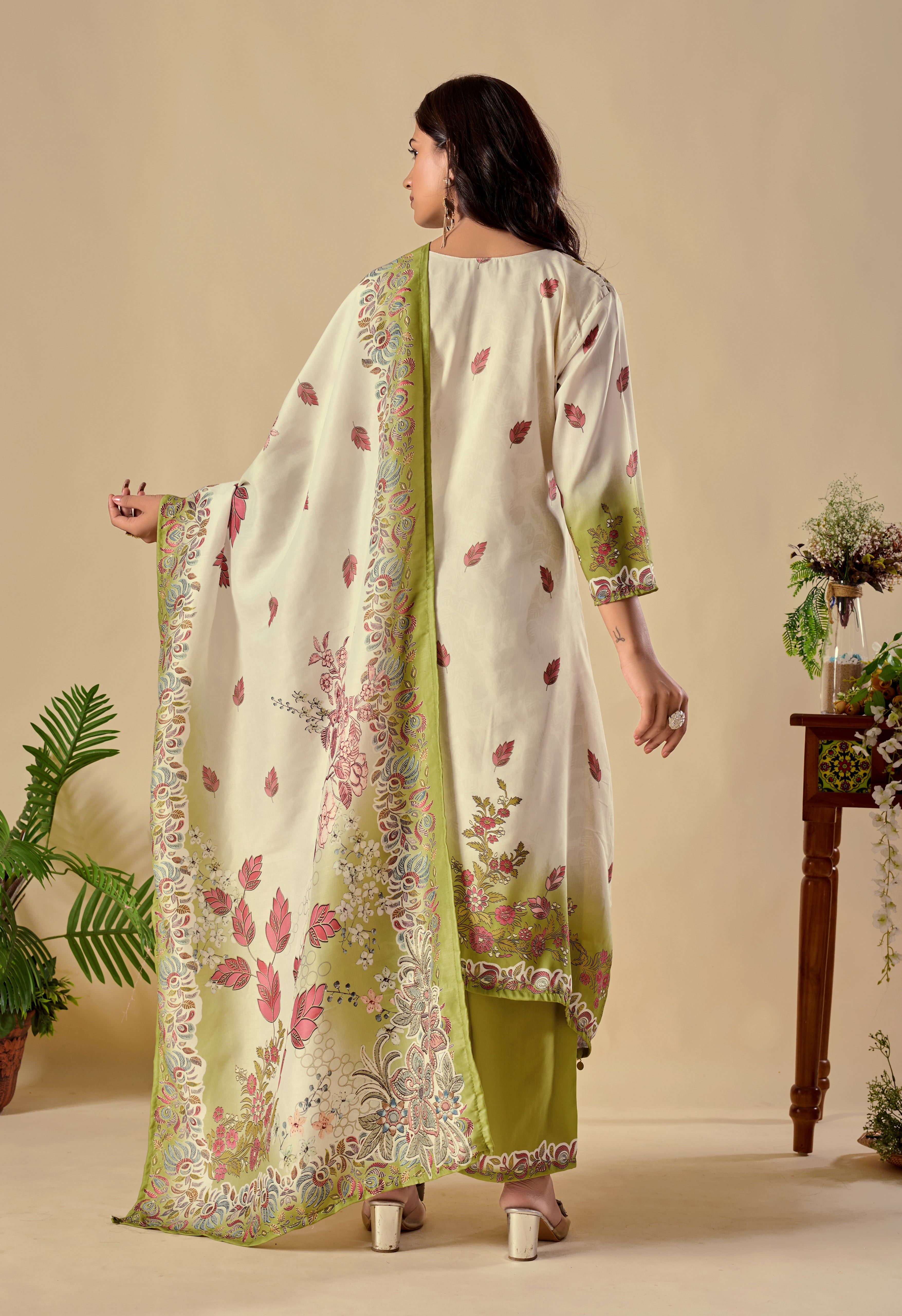 Wedding Special Digital Print Ari Work Musiln Silk Kurta Plazzo And Dupatta Set
