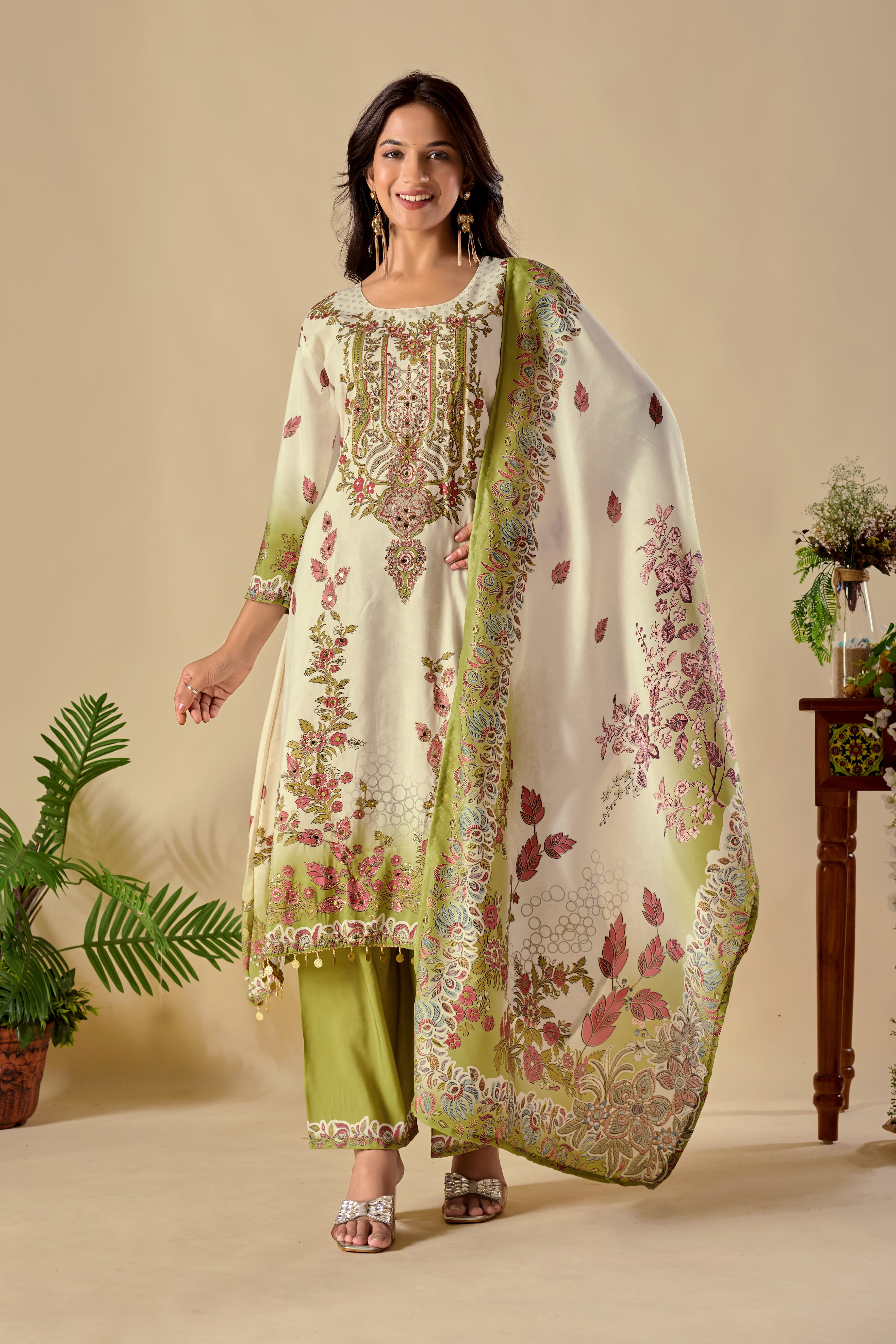 Wedding Special Digital Print Ari Work Musiln Silk Kurta Plazzo And Dupatta Set