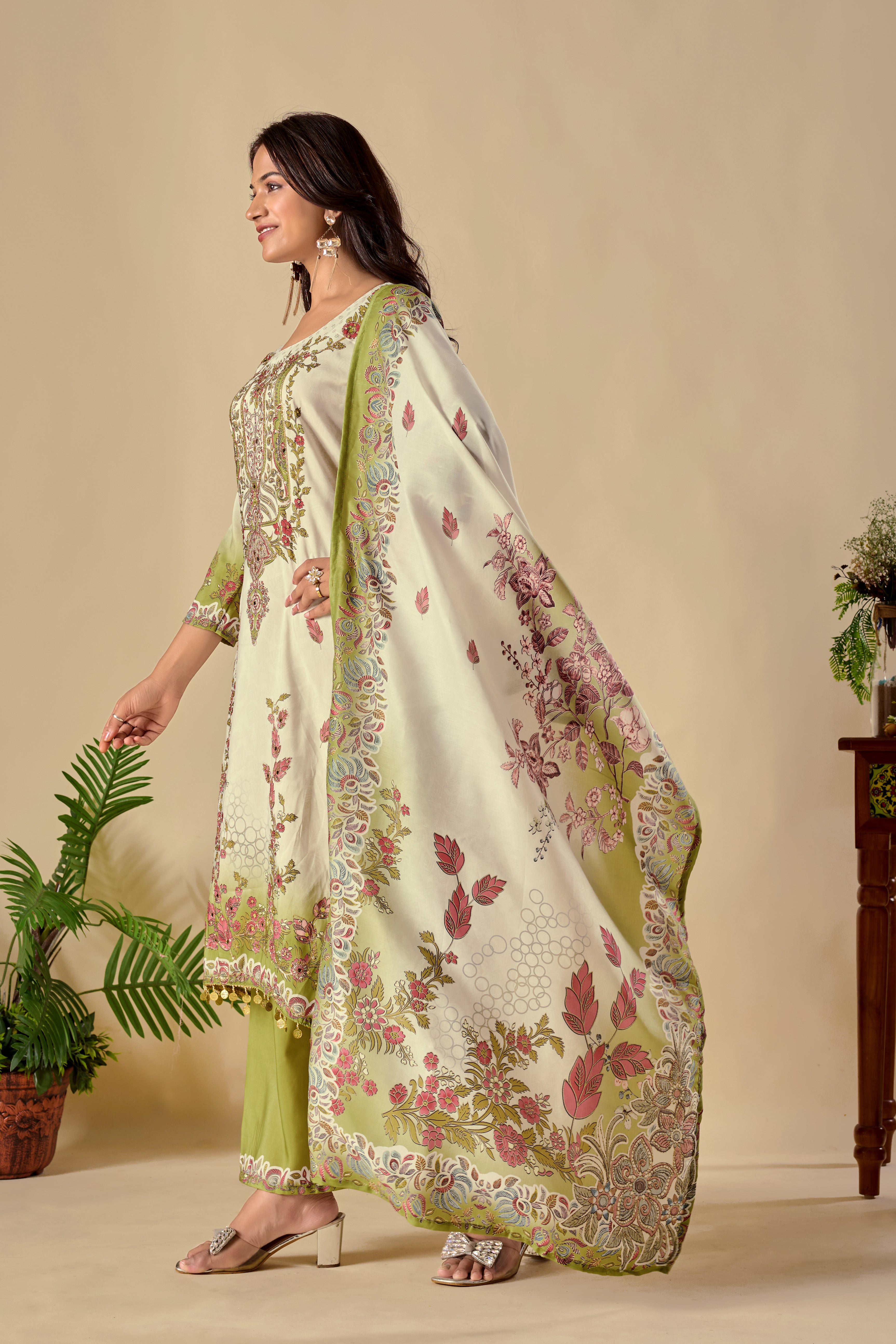 Wedding Special Digital Print Ari Work Musiln Silk Kurta Plazzo And Dupatta Set