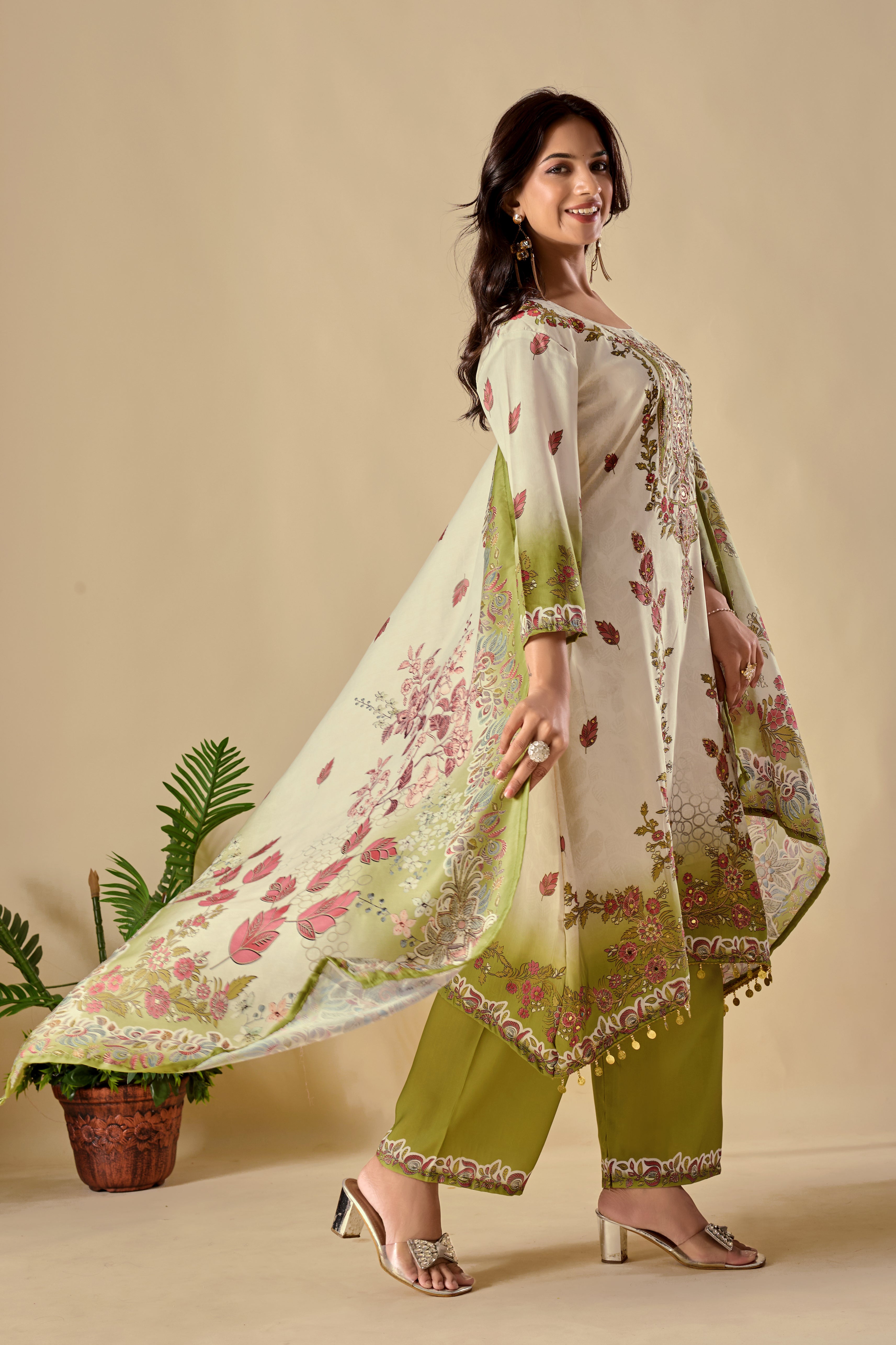 Wedding Special Digital Print Ari Work Musiln Silk Kurta Plazzo And Dupatta Set