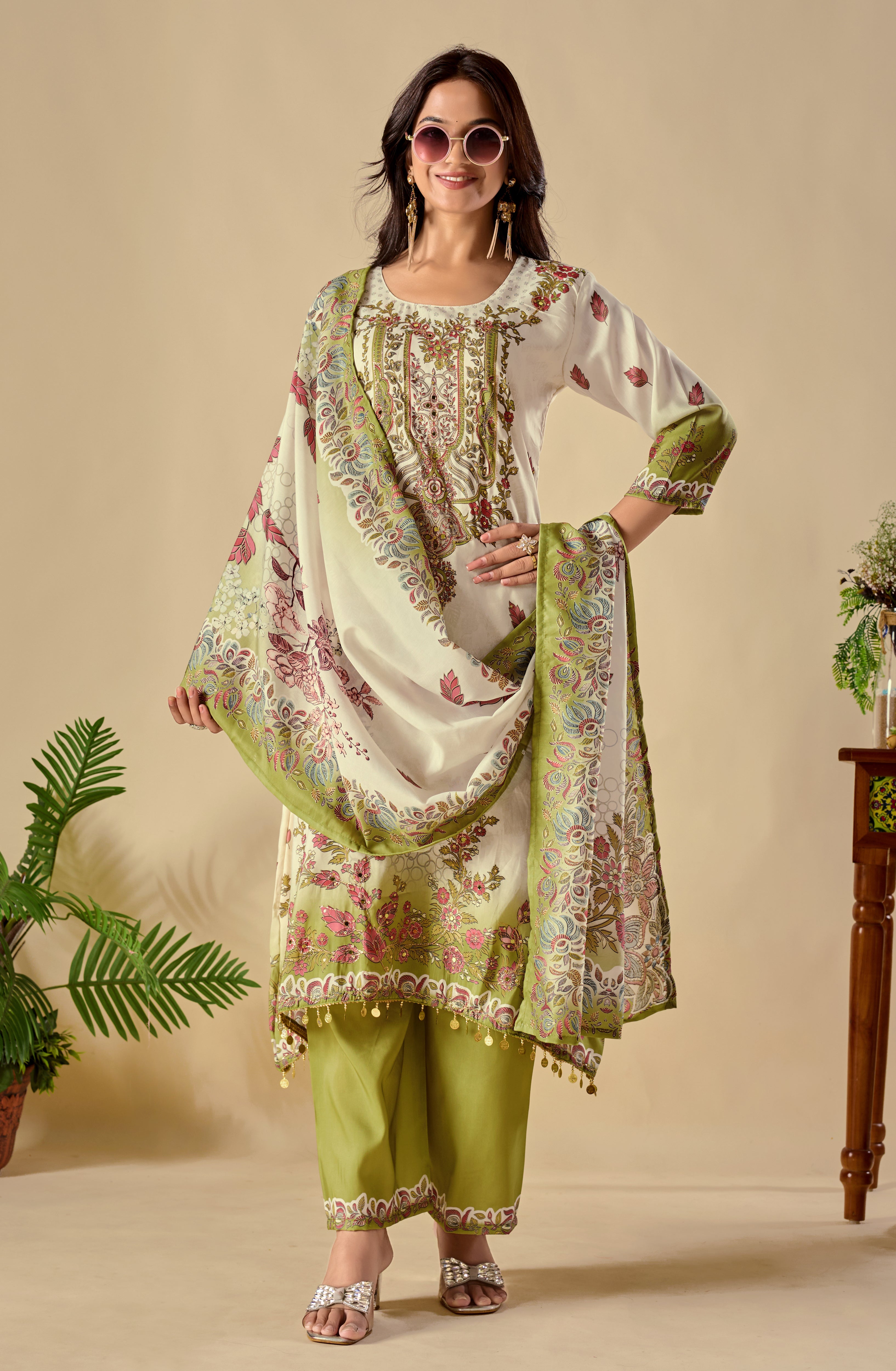 Wedding Special Digital Print Ari Work Musiln Silk Kurta Plazzo And Dupatta Set