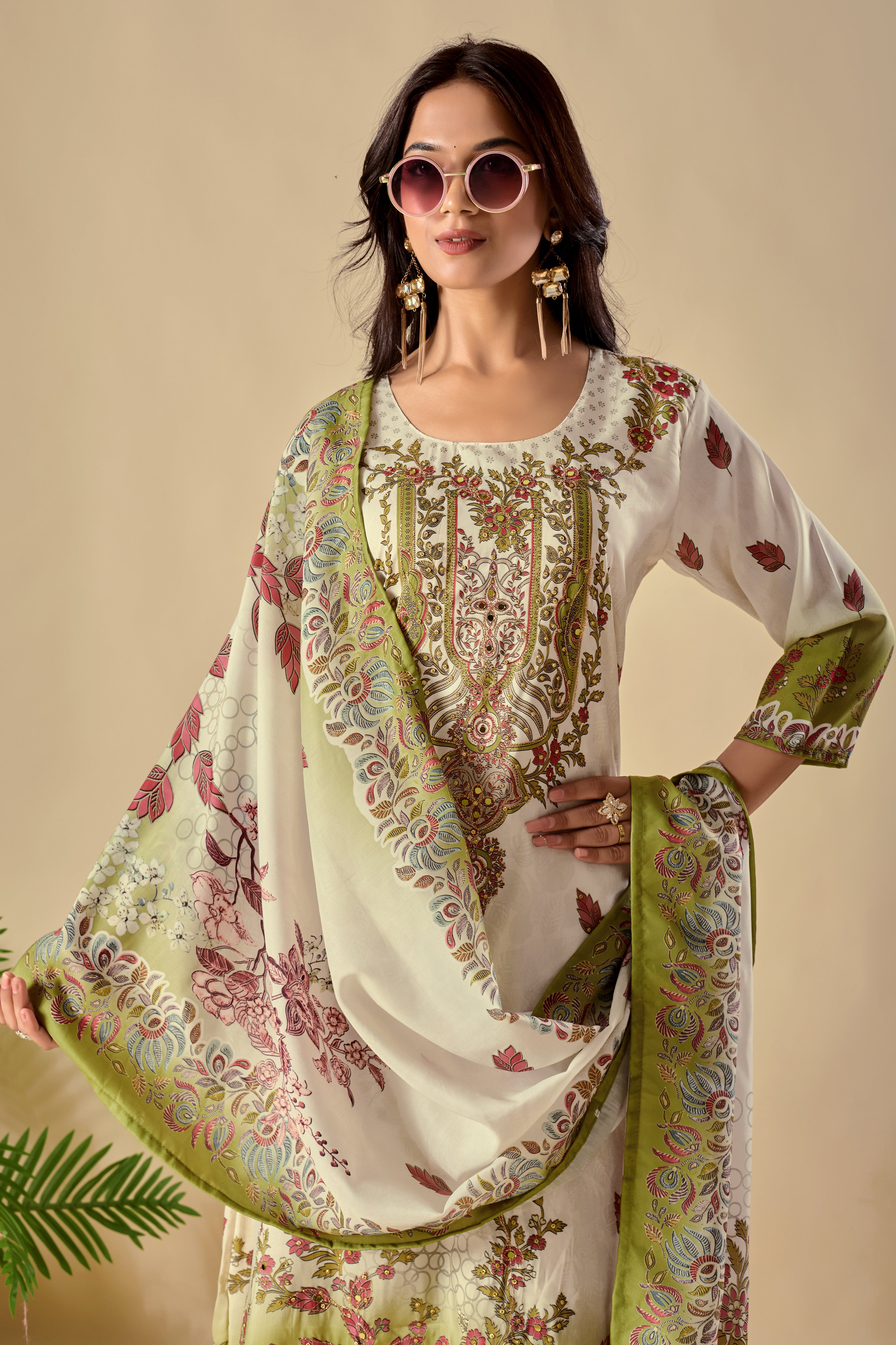 Wedding Special Digital Print Ari Work Musiln Silk Kurta Plazzo And Dupatta Set