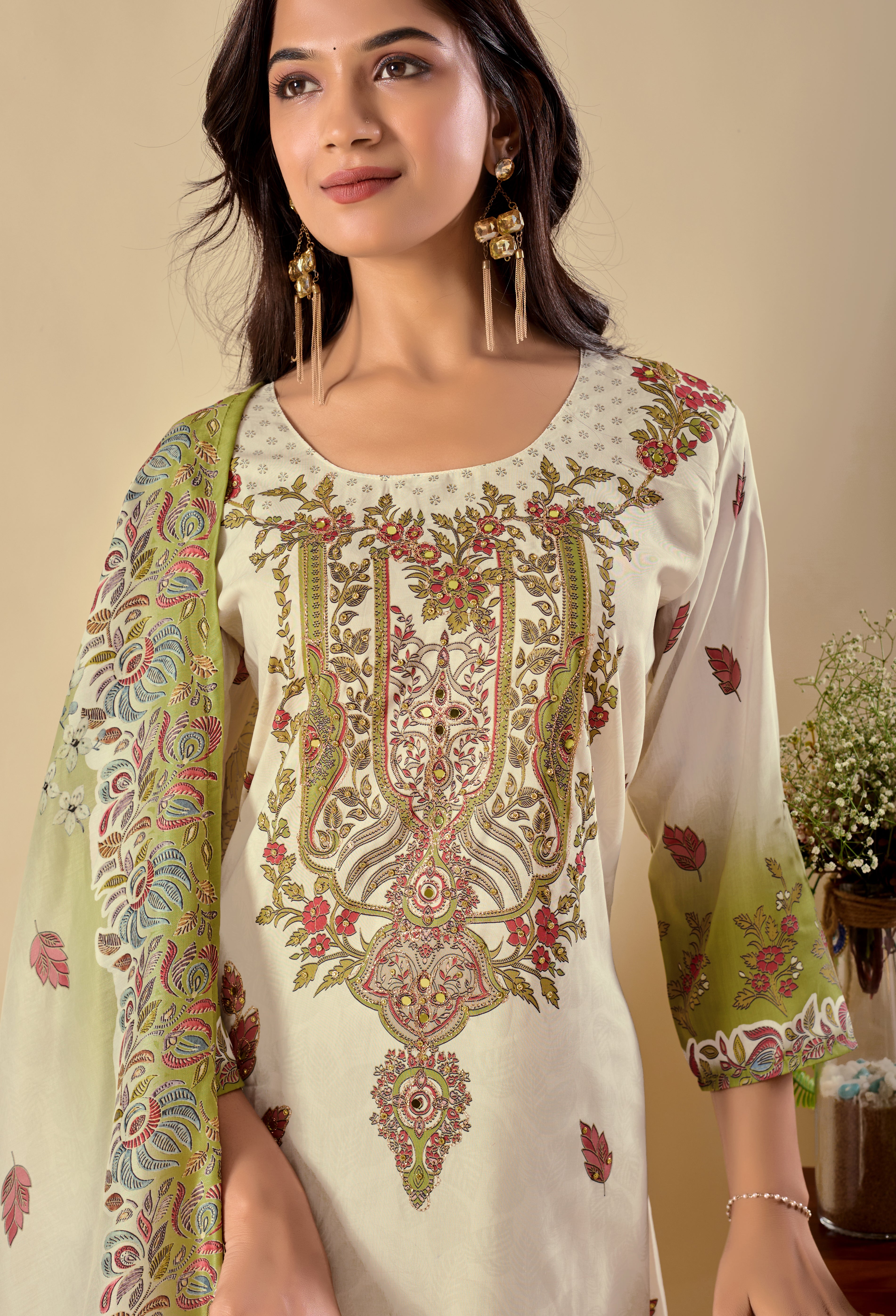 Wedding Special Digital Print Ari Work Musiln Silk Kurta Plazzo And Dupatta Set