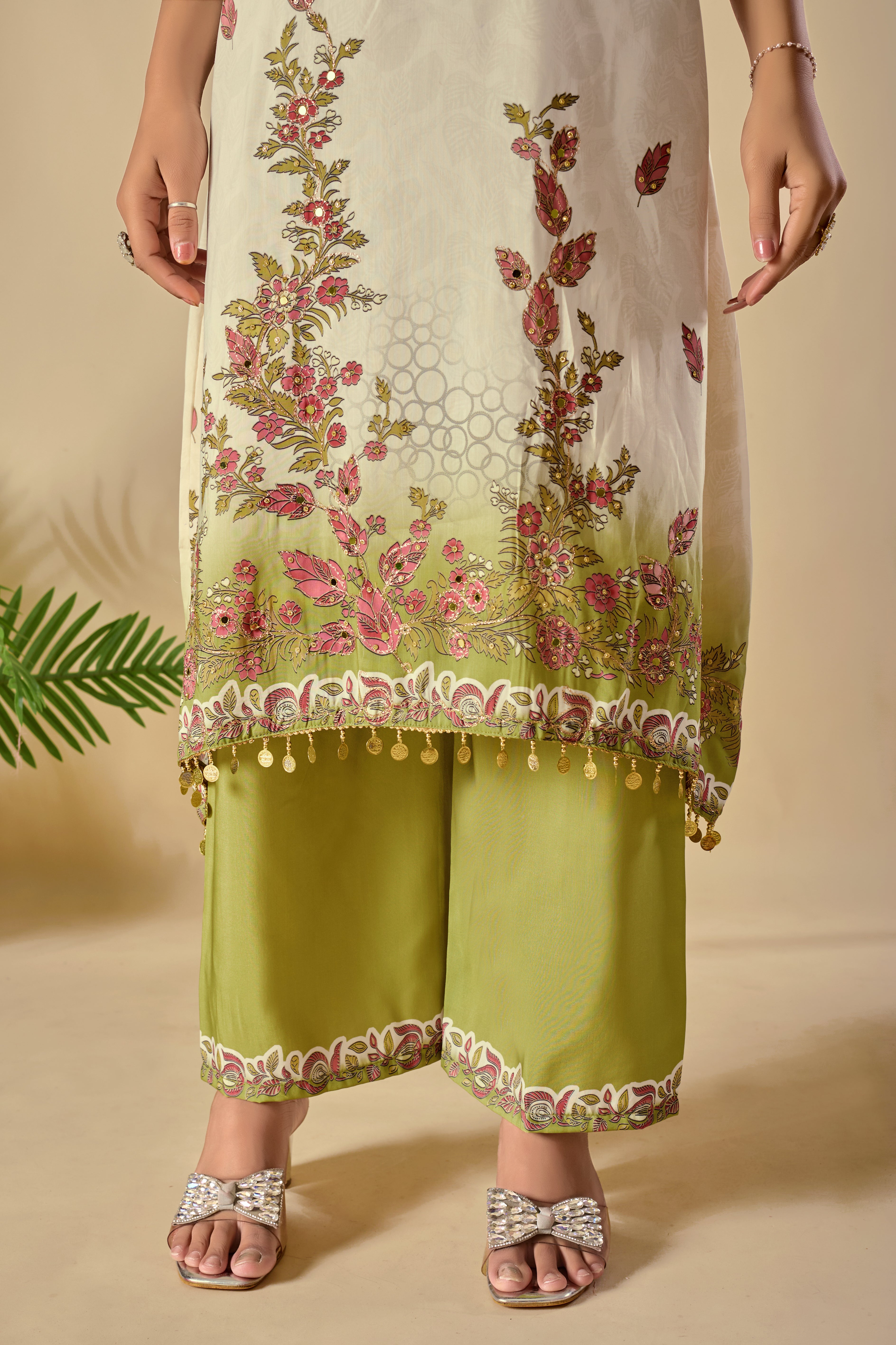 Wedding Special Digital Print Ari Work Musiln Silk Kurta Plazzo And Dupatta Set