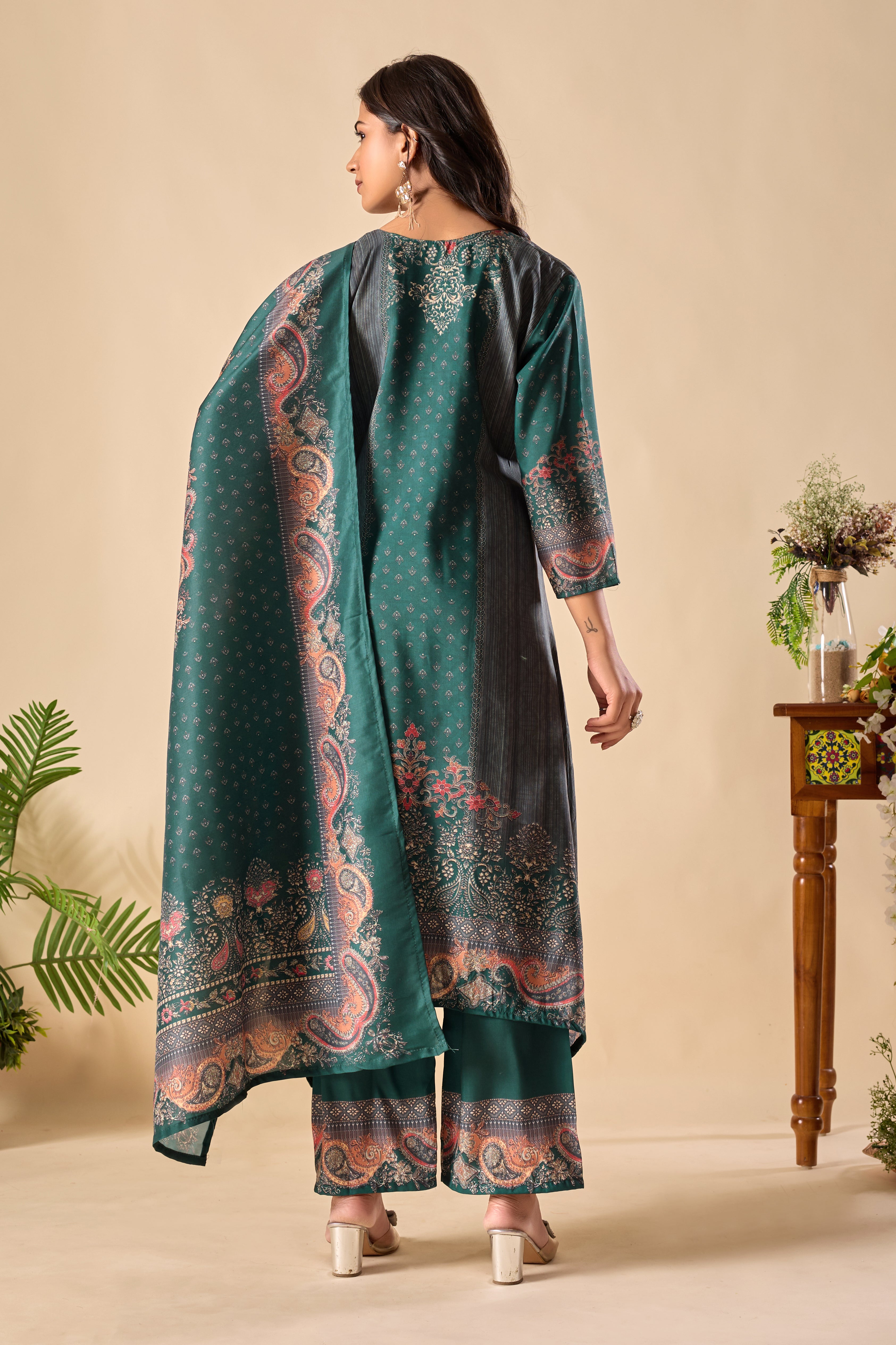 Trending Digital Print Ari Work Musiln Silk Kurta Plazzo And Dupatta Set