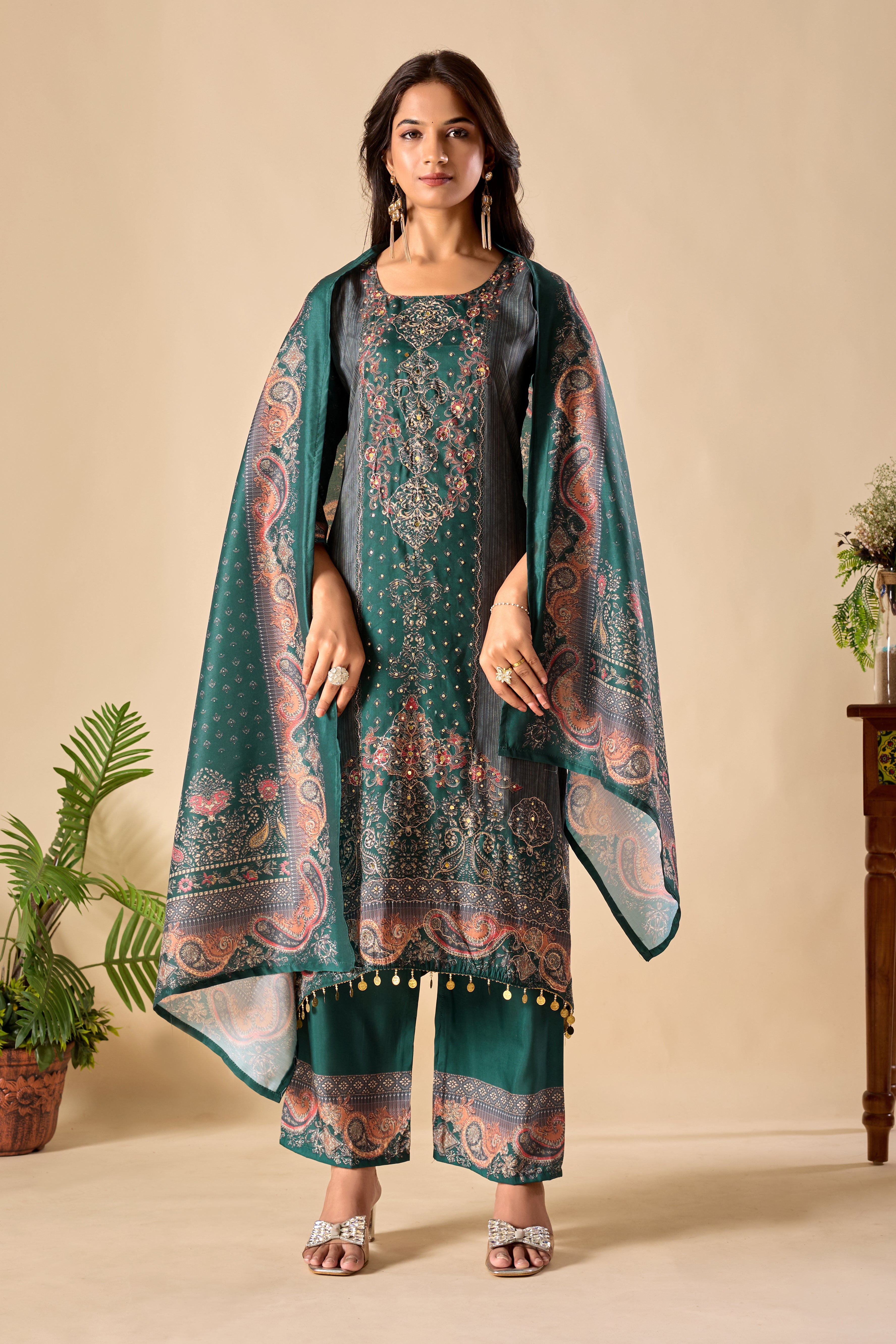 Trending Digital Print Ari Work Musiln Silk Kurta Plazzo And Dupatta Set