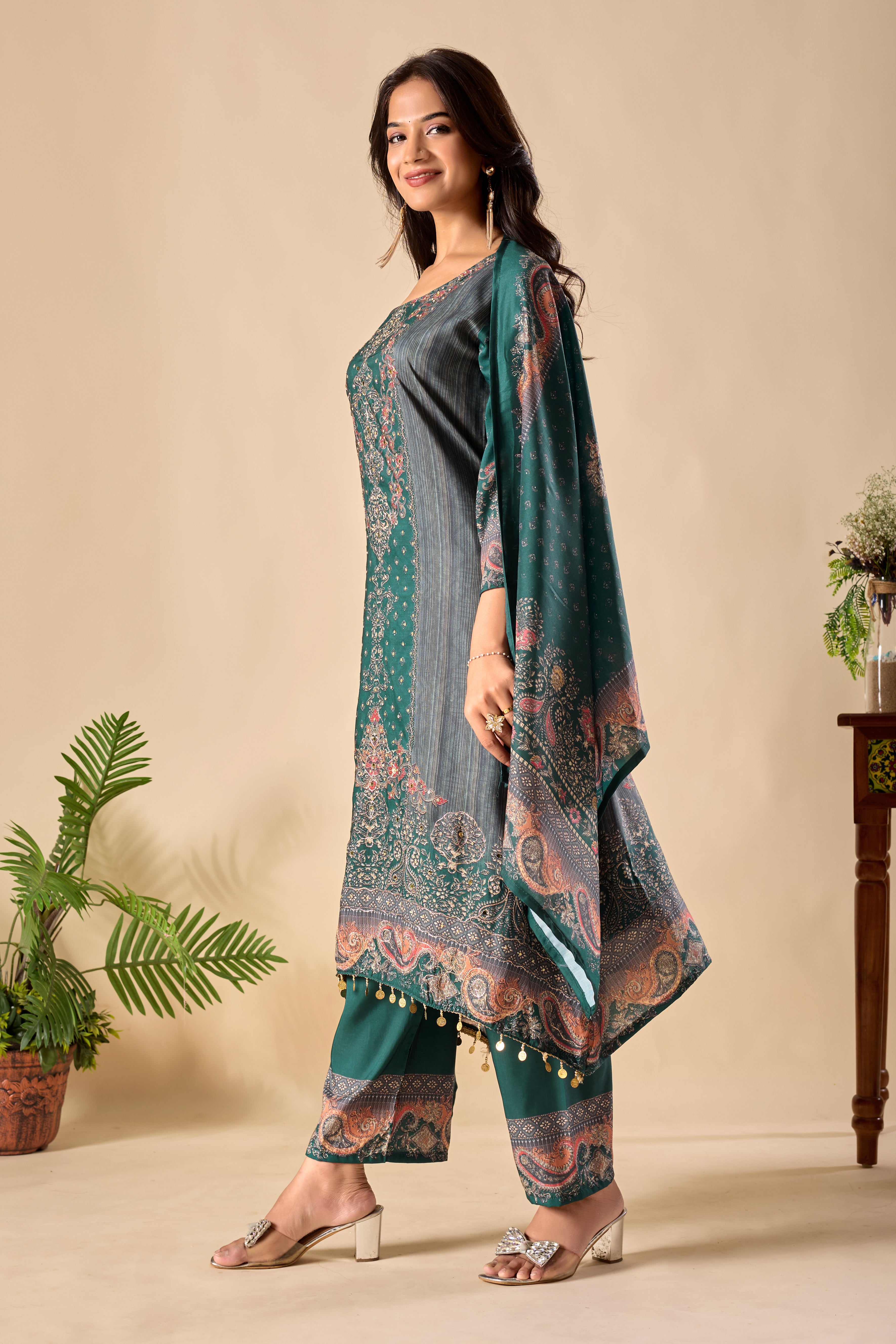 Trending Digital Print Ari Work Musiln Silk Kurta Plazzo And Dupatta Set
