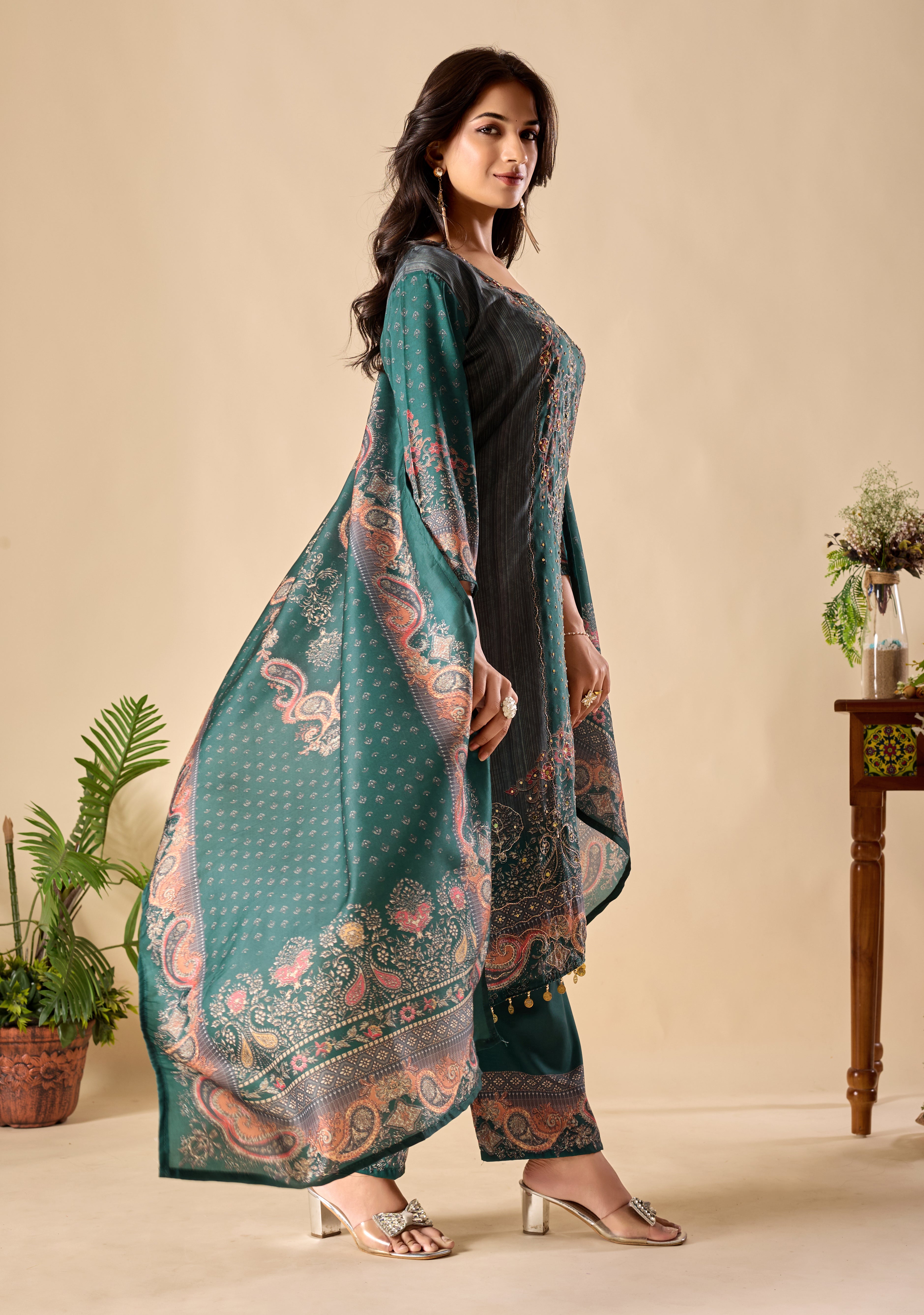 Trending Digital Print Ari Work Musiln Silk Kurta Plazzo And Dupatta Set