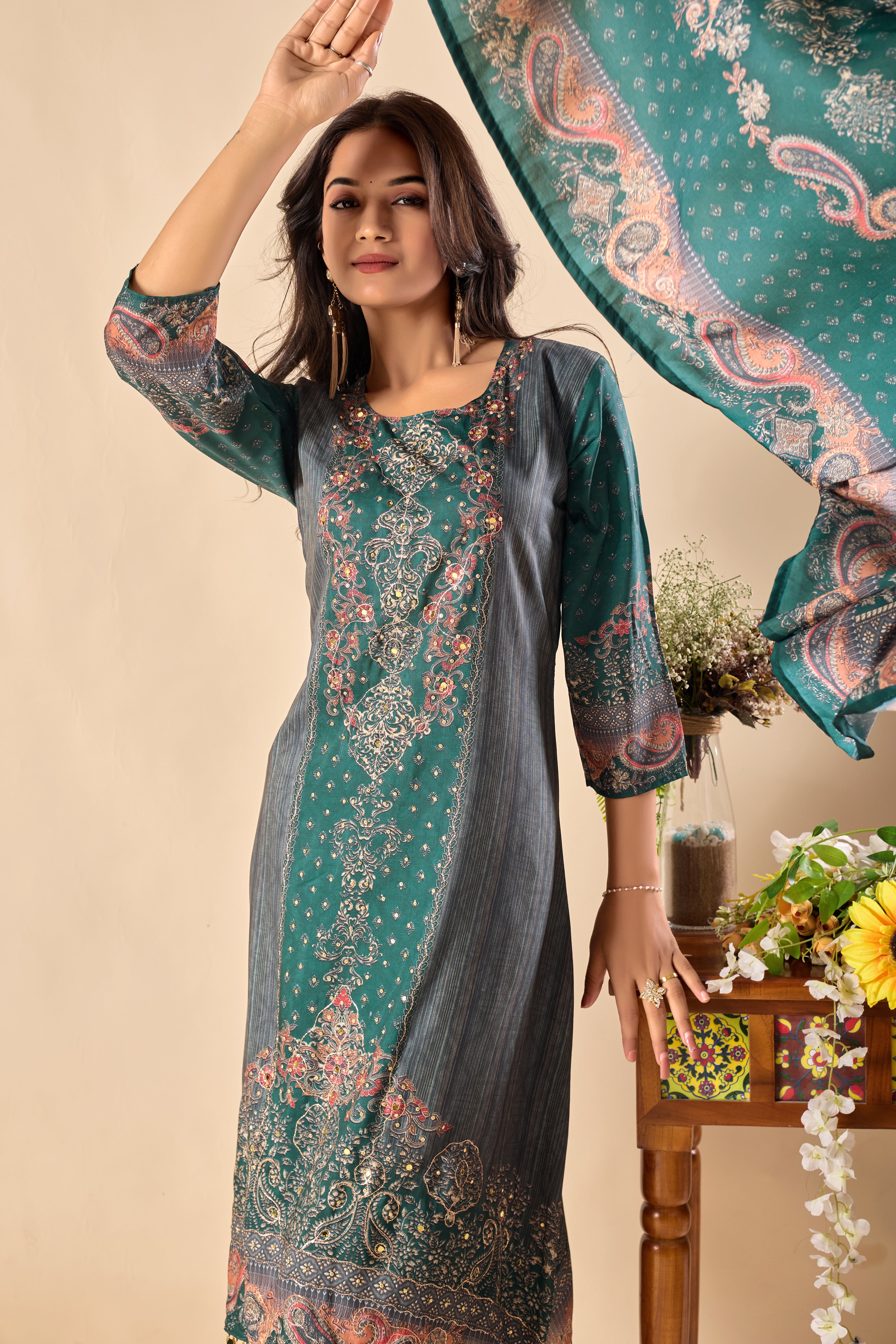 Trending Digital Print Ari Work Musiln Silk Kurta Plazzo And Dupatta Set