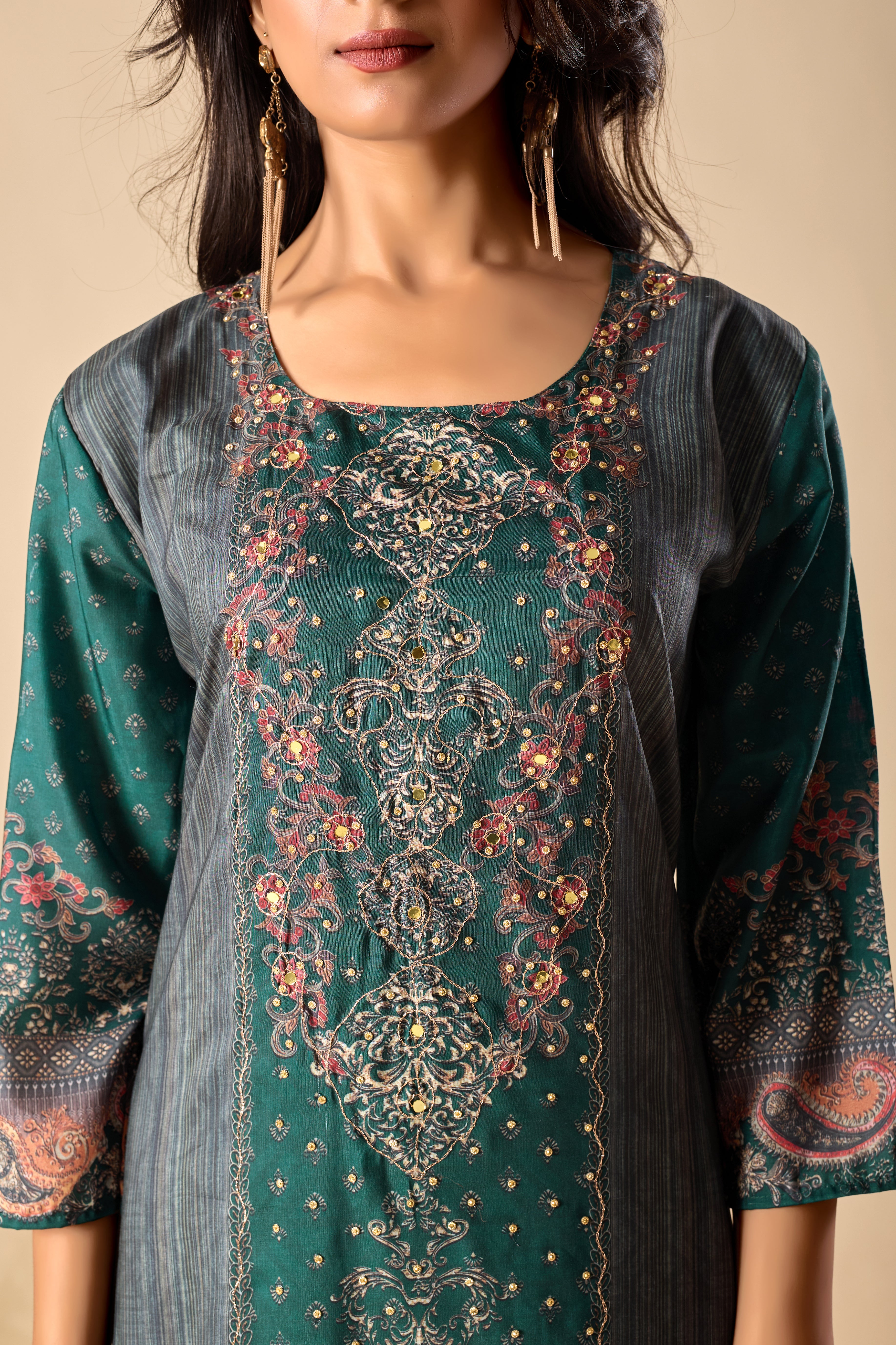 Trending Digital Print Ari Work Musiln Silk Kurta Plazzo And Dupatta Set