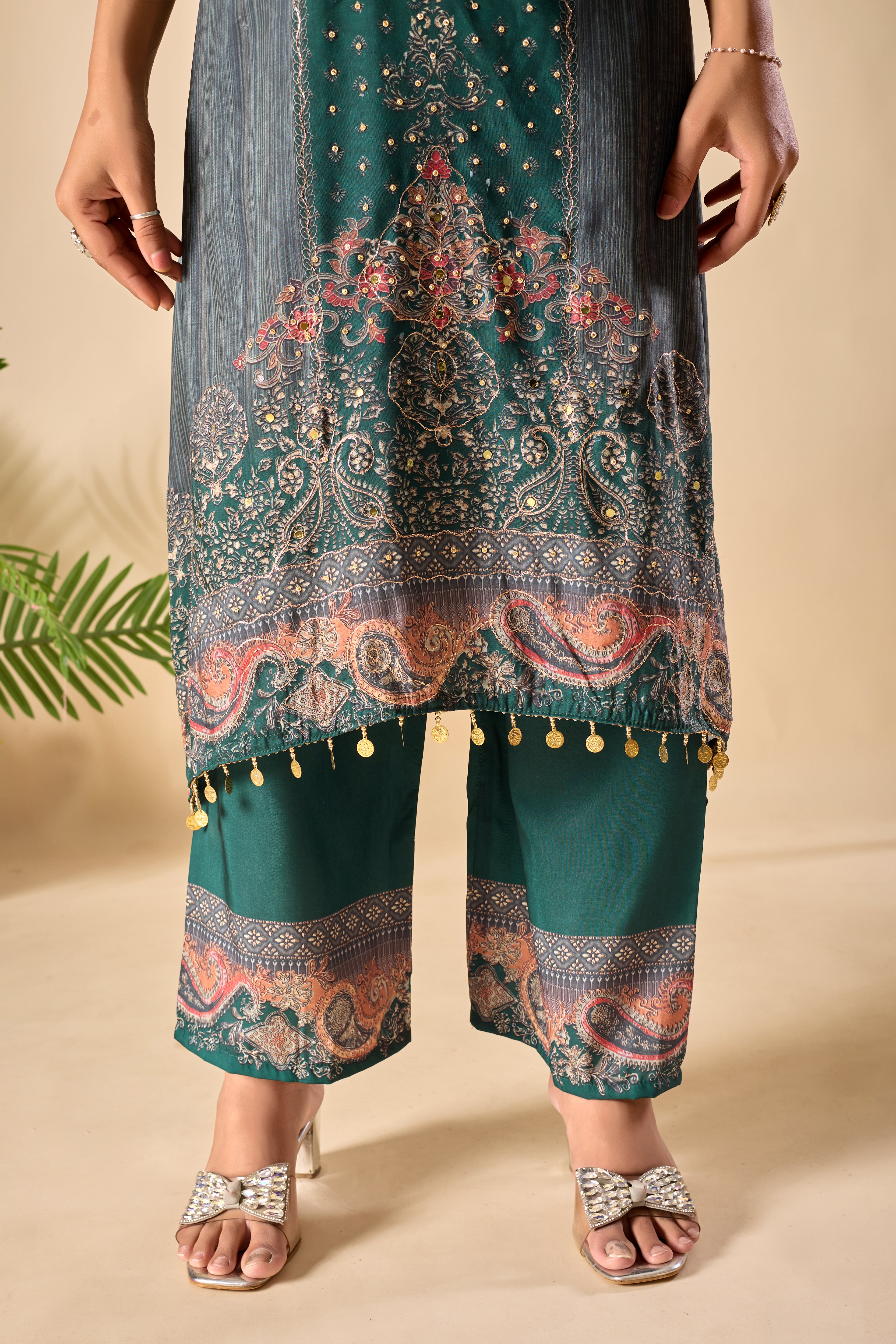 Trending Digital Print Ari Work Musiln Silk Kurta Plazzo And Dupatta Set