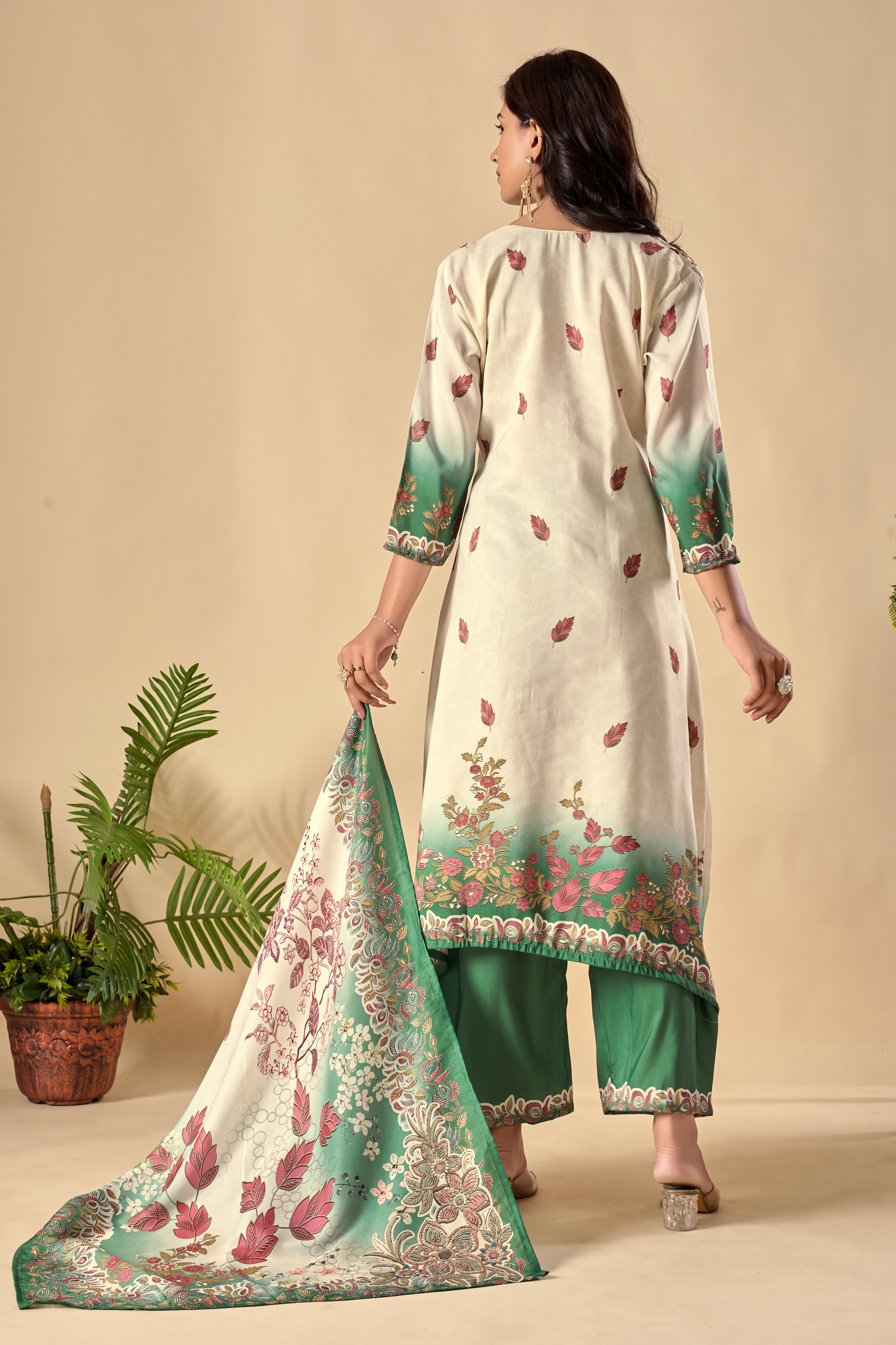 Effortless Digital Print Ari Work Musiln Silk Kurta Plazzo And Dupatta Set