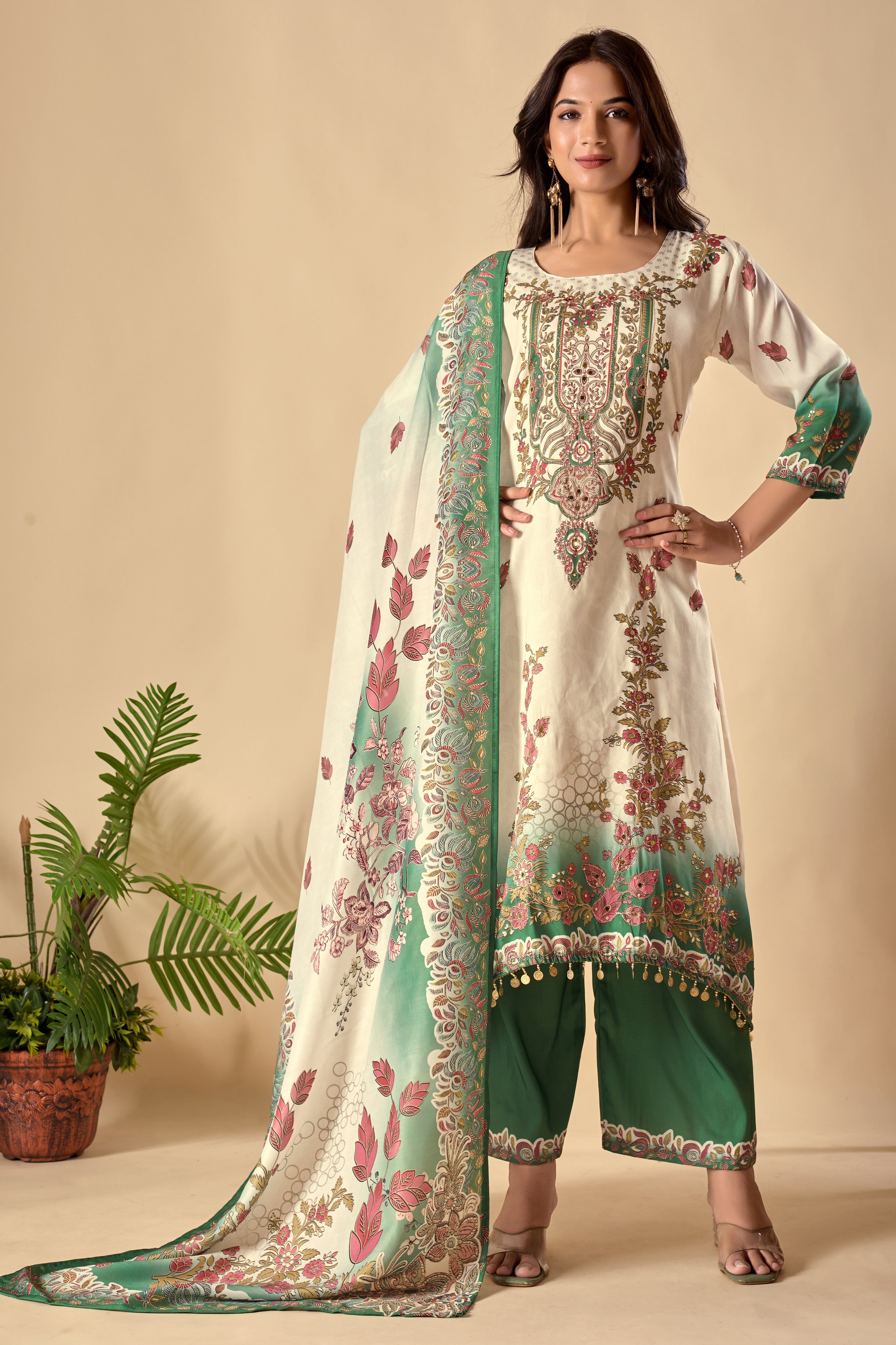 Effortless Digital Print Ari Work Musiln Silk Kurta Plazzo And Dupatta Set