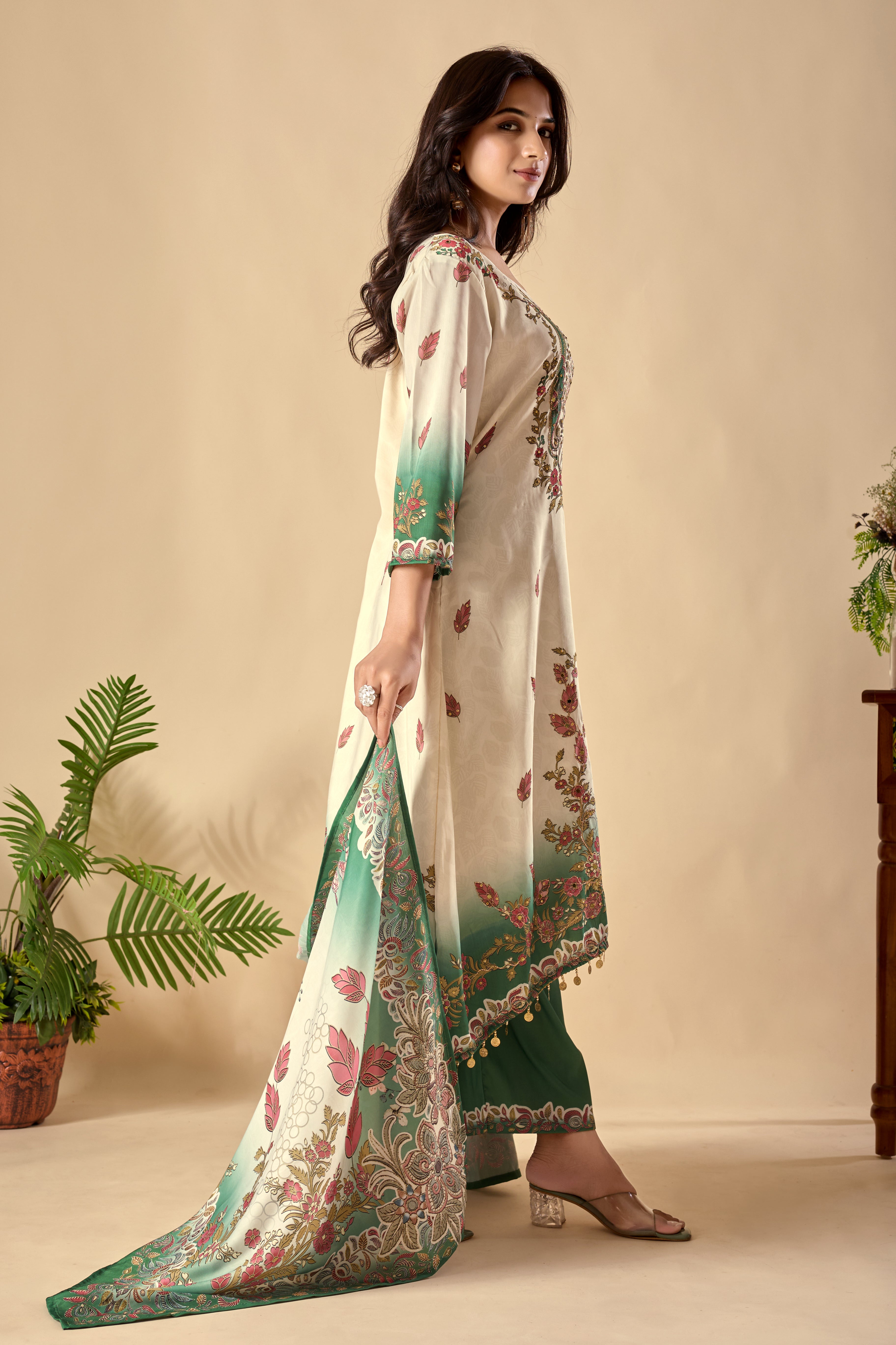 Effortless Digital Print Ari Work Musiln Silk Kurta Plazzo And Dupatta Set
