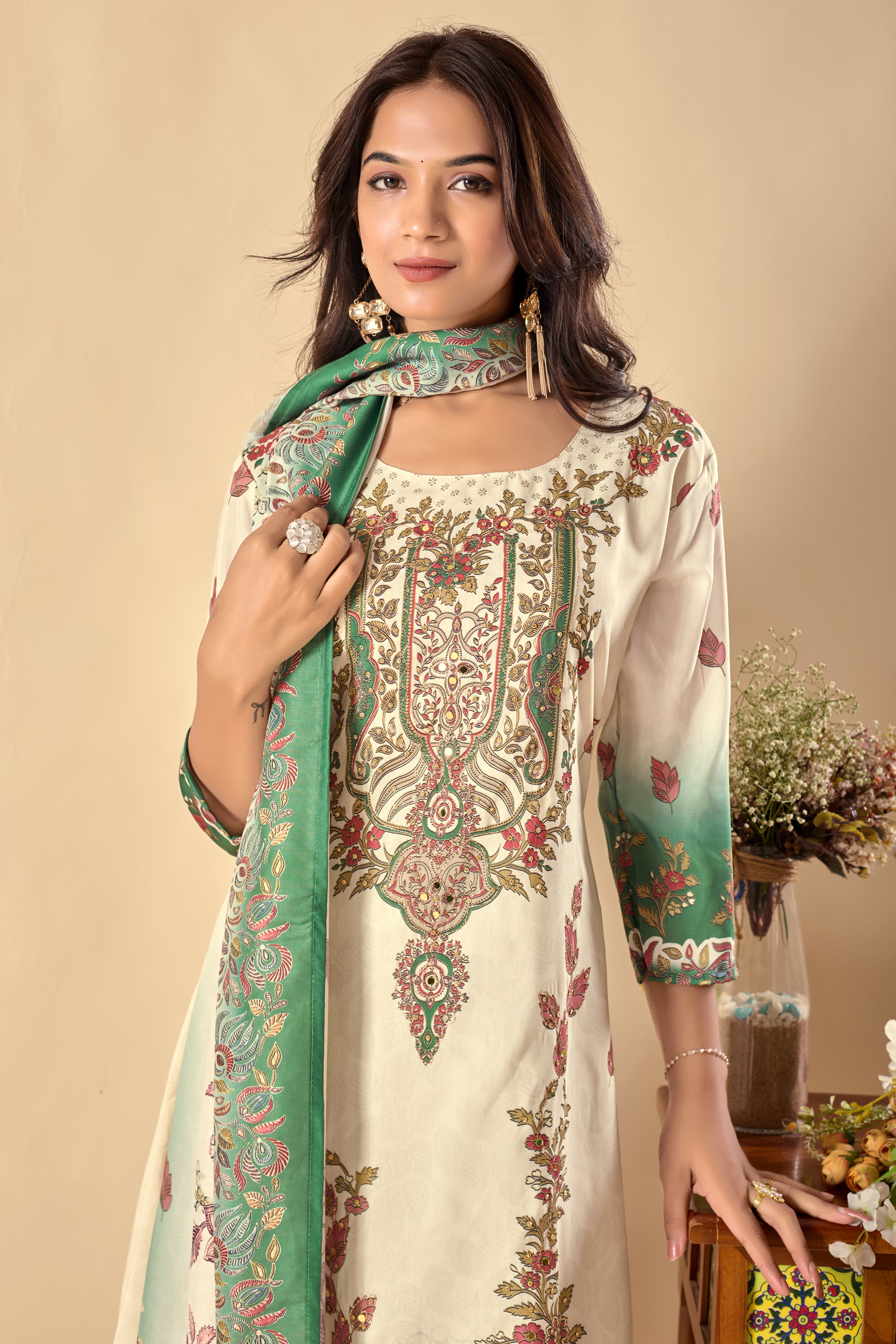 Effortless Digital Print Ari Work Musiln Silk Kurta Plazzo And Dupatta Set