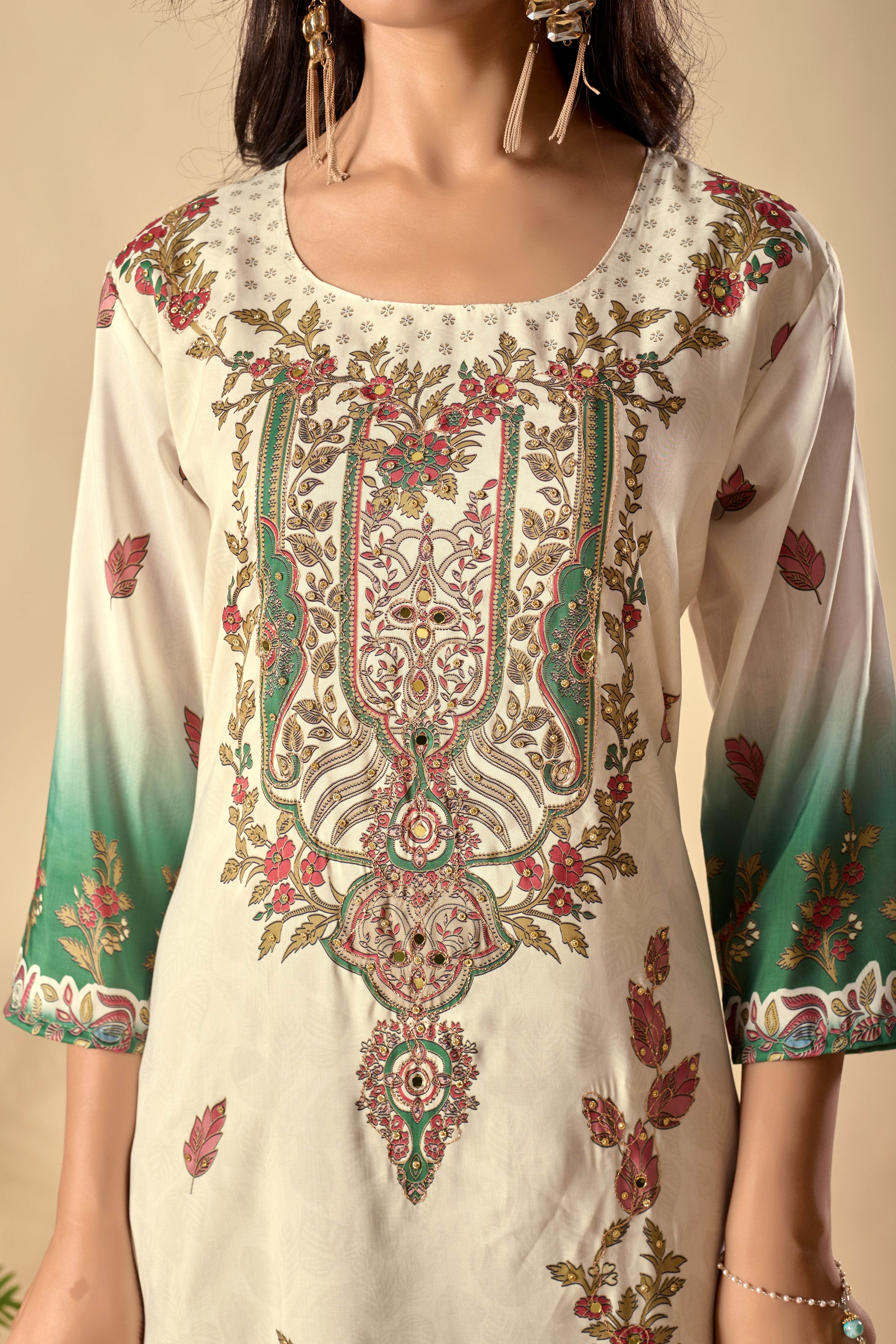Effortless Digital Print Ari Work Musiln Silk Kurta Plazzo And Dupatta Set
