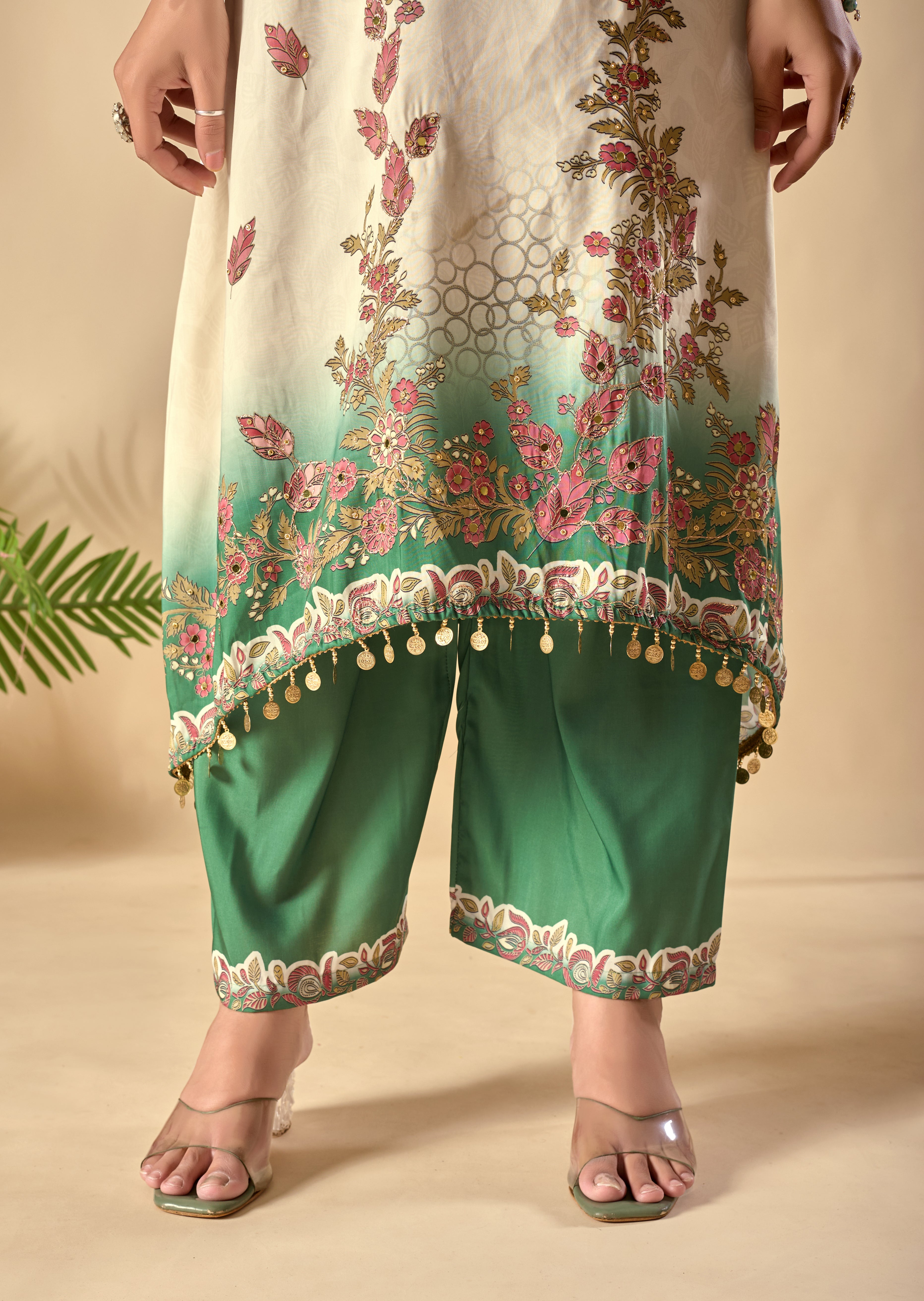 Effortless Digital Print Ari Work Musiln Silk Kurta Plazzo And Dupatta Set
