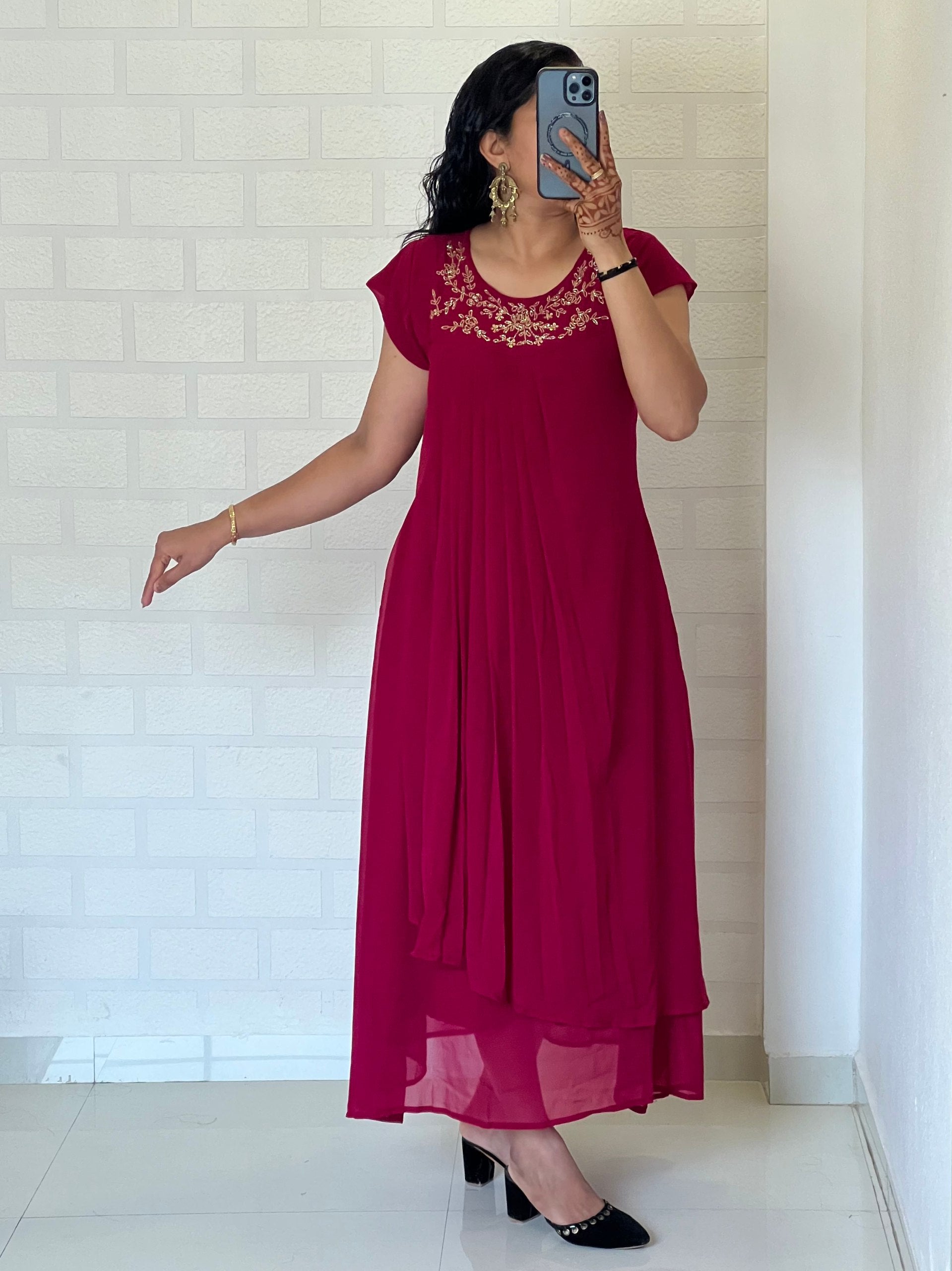 Bloming Georgette Handwork Kurti With Cap Designer Sleeve