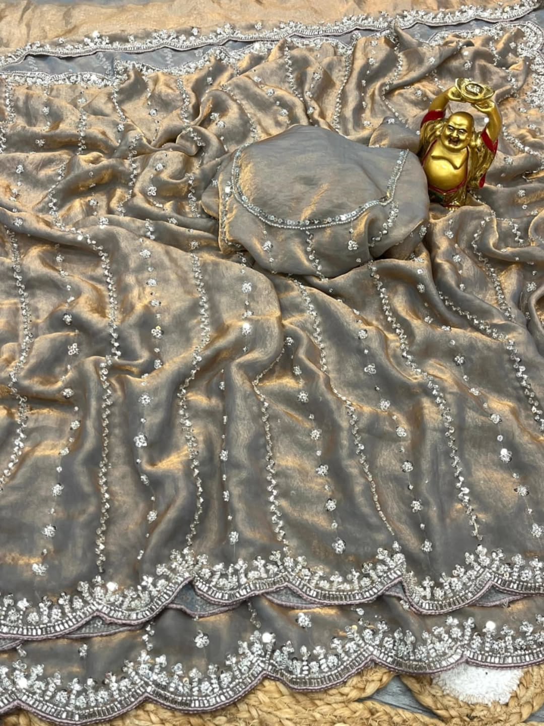 Celebrity Inspired Fendy Space Silk saree with Beads Embroidery work Heavy Saree