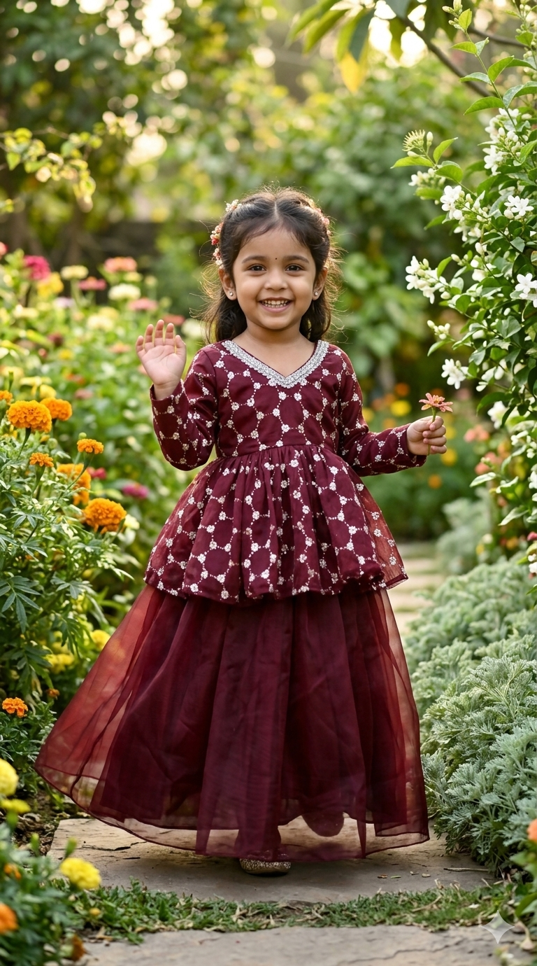 Girls' Regal Wine Twill Net Lehenga Choli Set with Geometric Pearl-Work Velvet Peplum Top