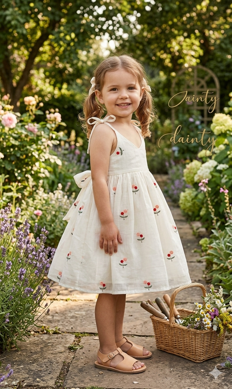 Handcrafted Khadi Cotton Floral Embroidered Strap Dress – Off-White & Coral