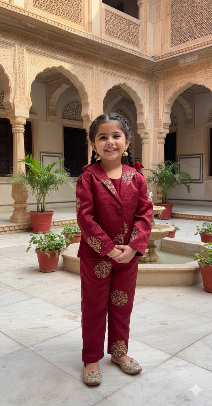 Elegant Girls Maroon Fancy Satin Embroidered Blazer-Style Cord Set – Festive Party Wear