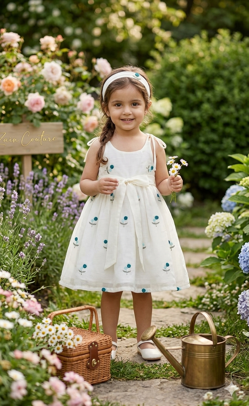 Enchanting Blossom: Ivory Strappy Frock with Teal Floral Embroidery