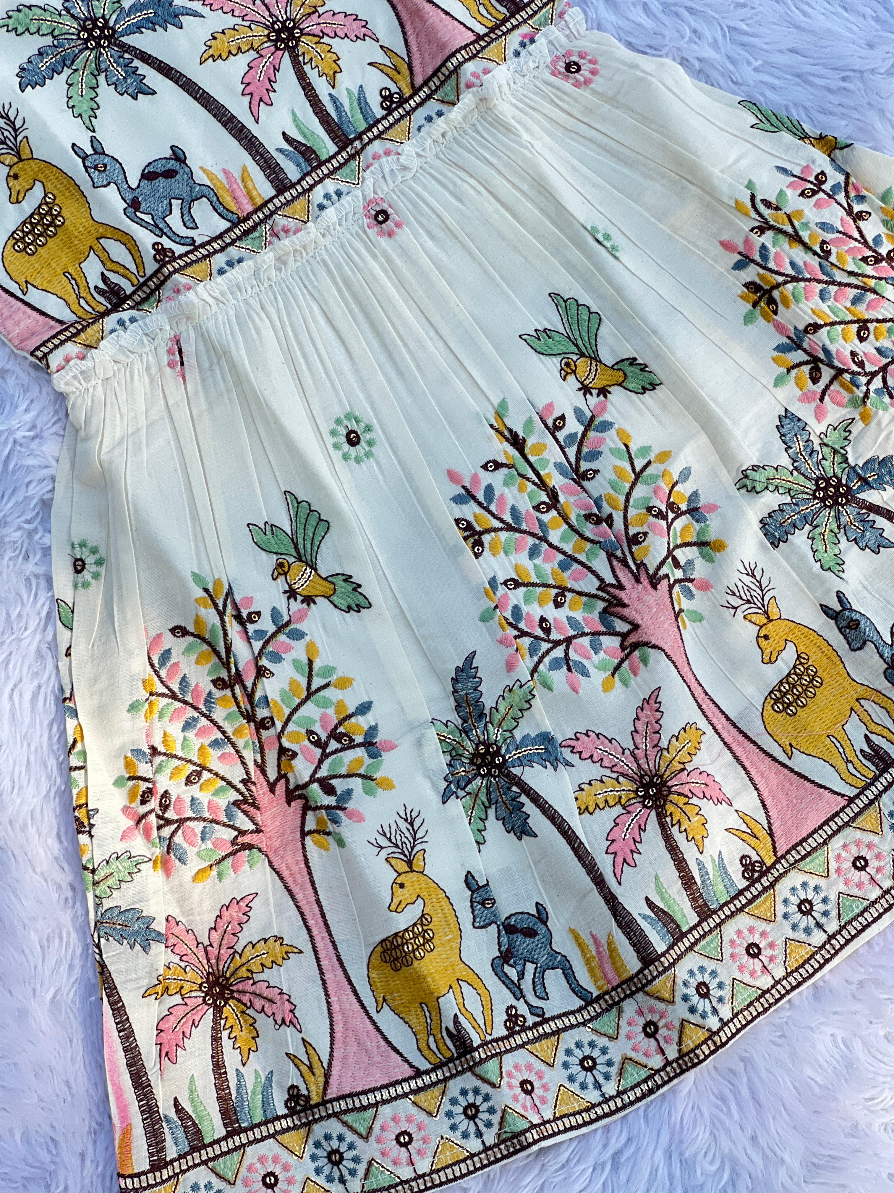 Brownish Hiran Embroidery Work on Khadi Cotton Fabric Kids Frock