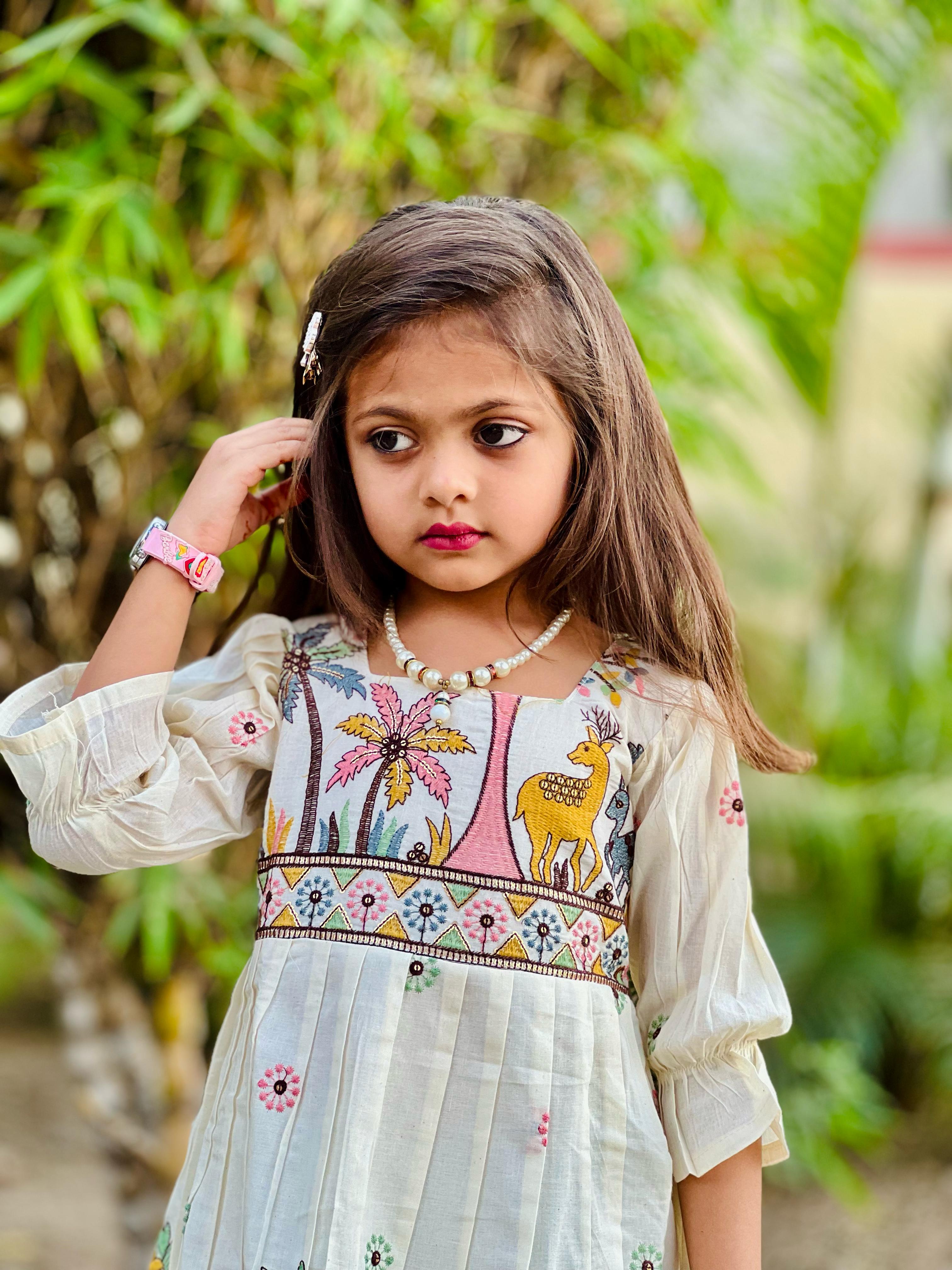 Magestic  Embroidery Work on Khadi Cotton Fabric Kids Sleeve Frock