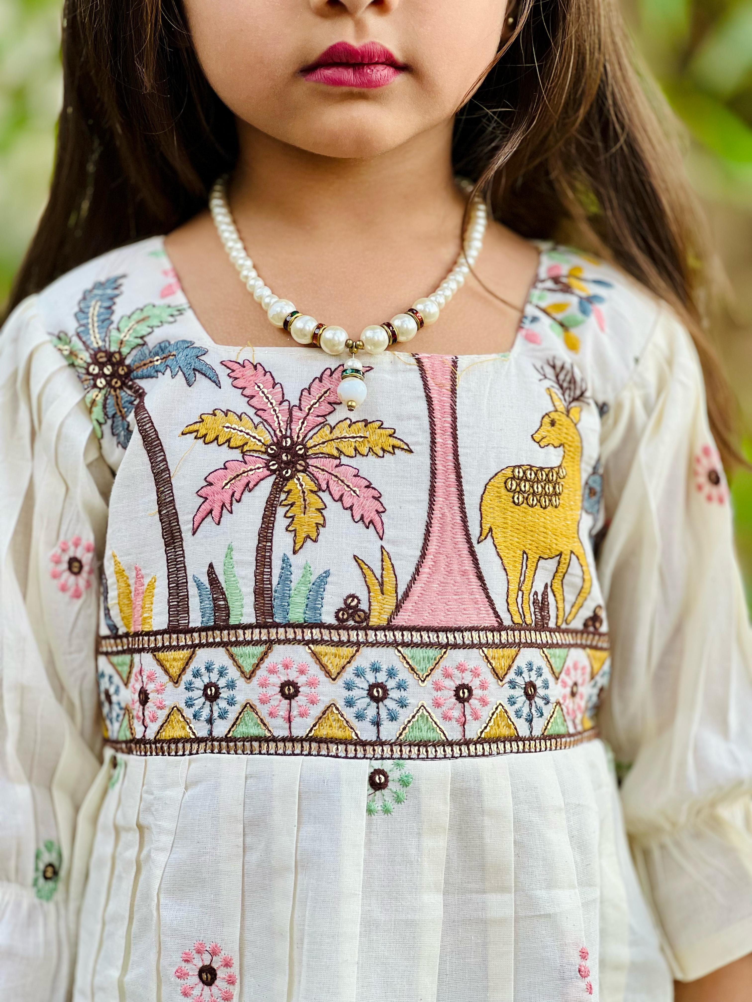 Magestic  Embroidery Work on Khadi Cotton Fabric Kids Sleeve Frock