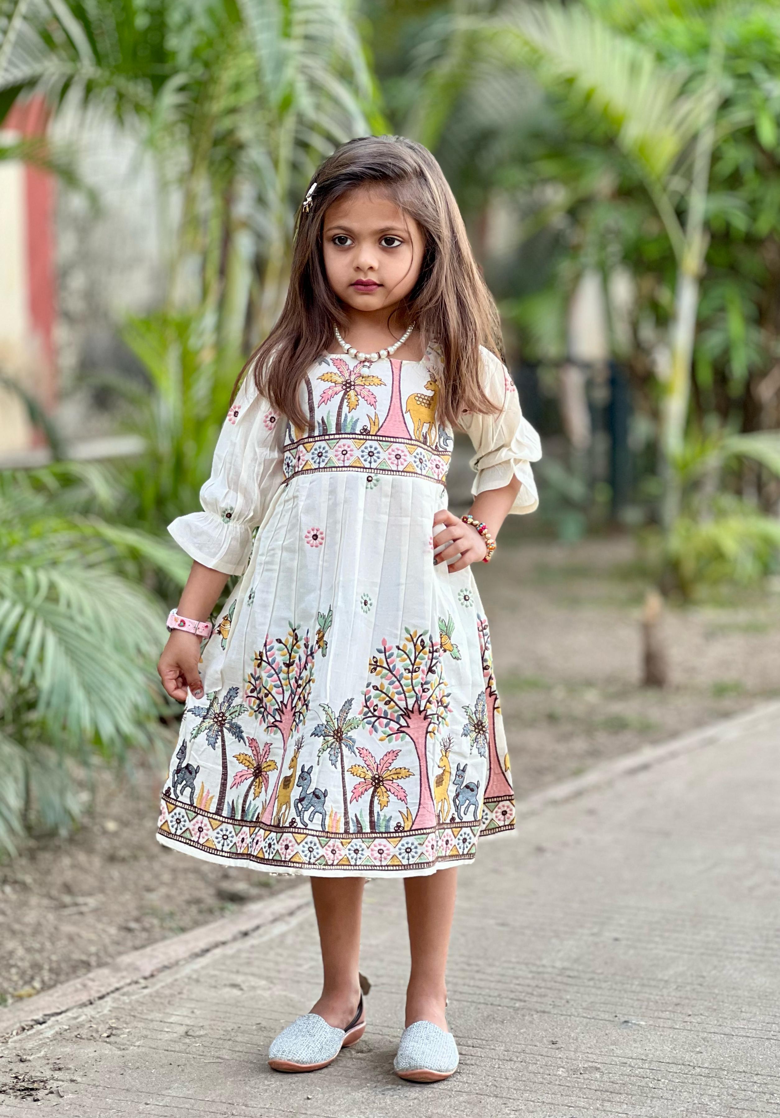 Magestic  Embroidery Work on Khadi Cotton Fabric Kids Sleeve Frock