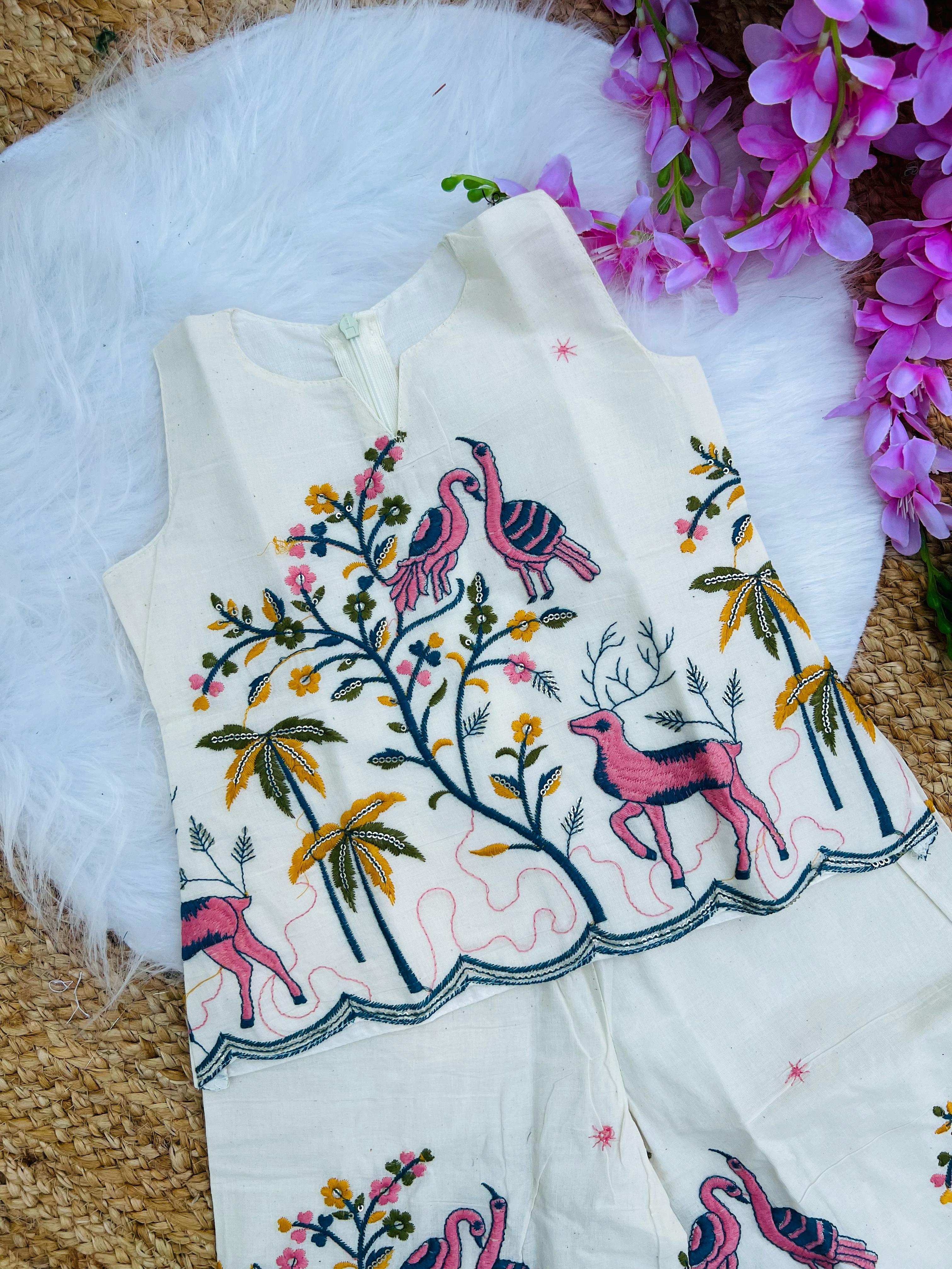 Innovative Embroidery Work on Khadi Cotton Fabric Kids Cord-Set