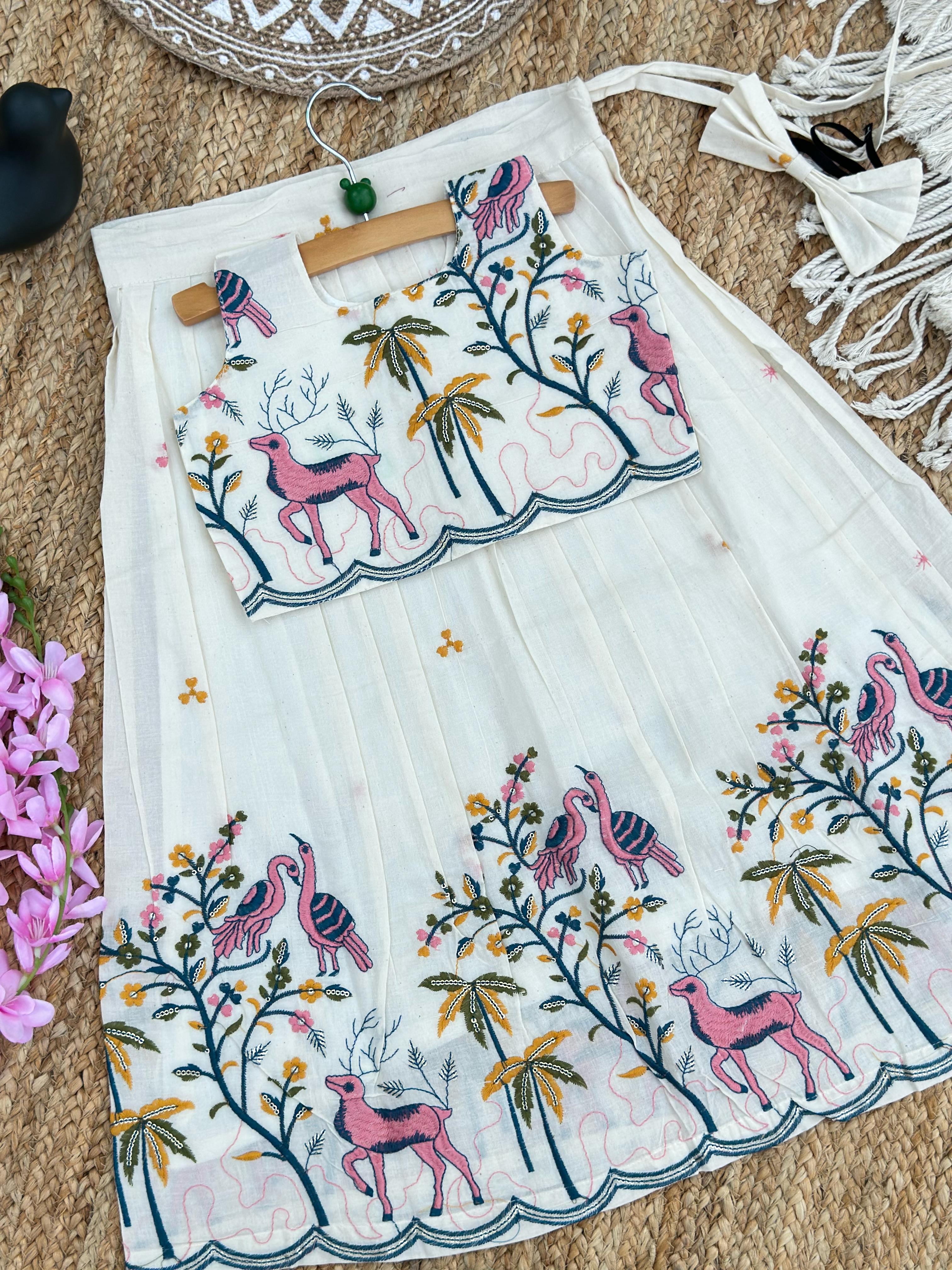 Super Hit Embroidery Work on Khadi Cotton Fabric Kids Lahenga Choli