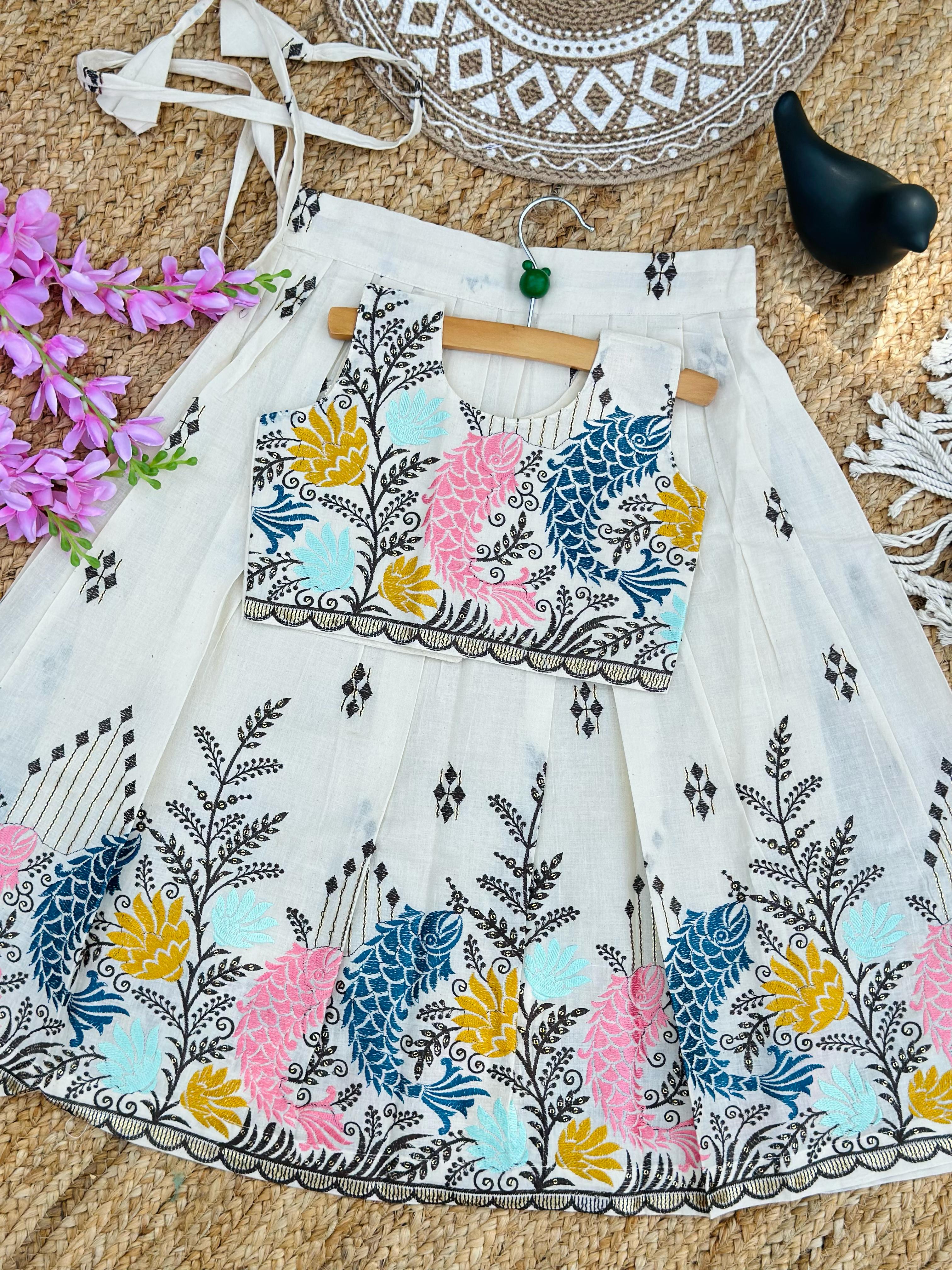 Exquisite Embroidery Work on Khadi Cotton Fabric Kids Lahenga Choli
